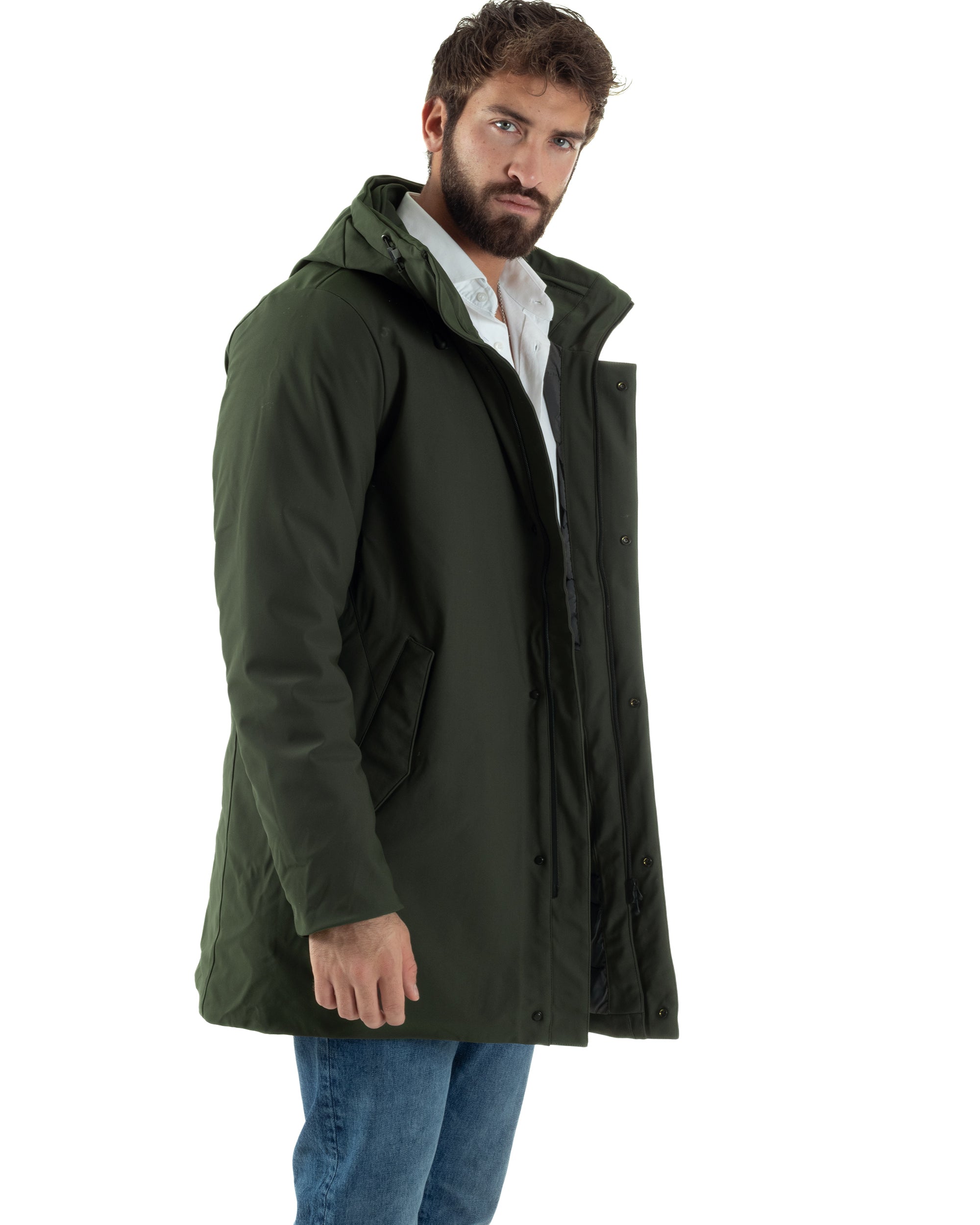 Giubbotto Uomo Con Cappuccio Trench Tessuto Tecnico Giaccone Con Zip Imbottito Lungo Verde G3368A