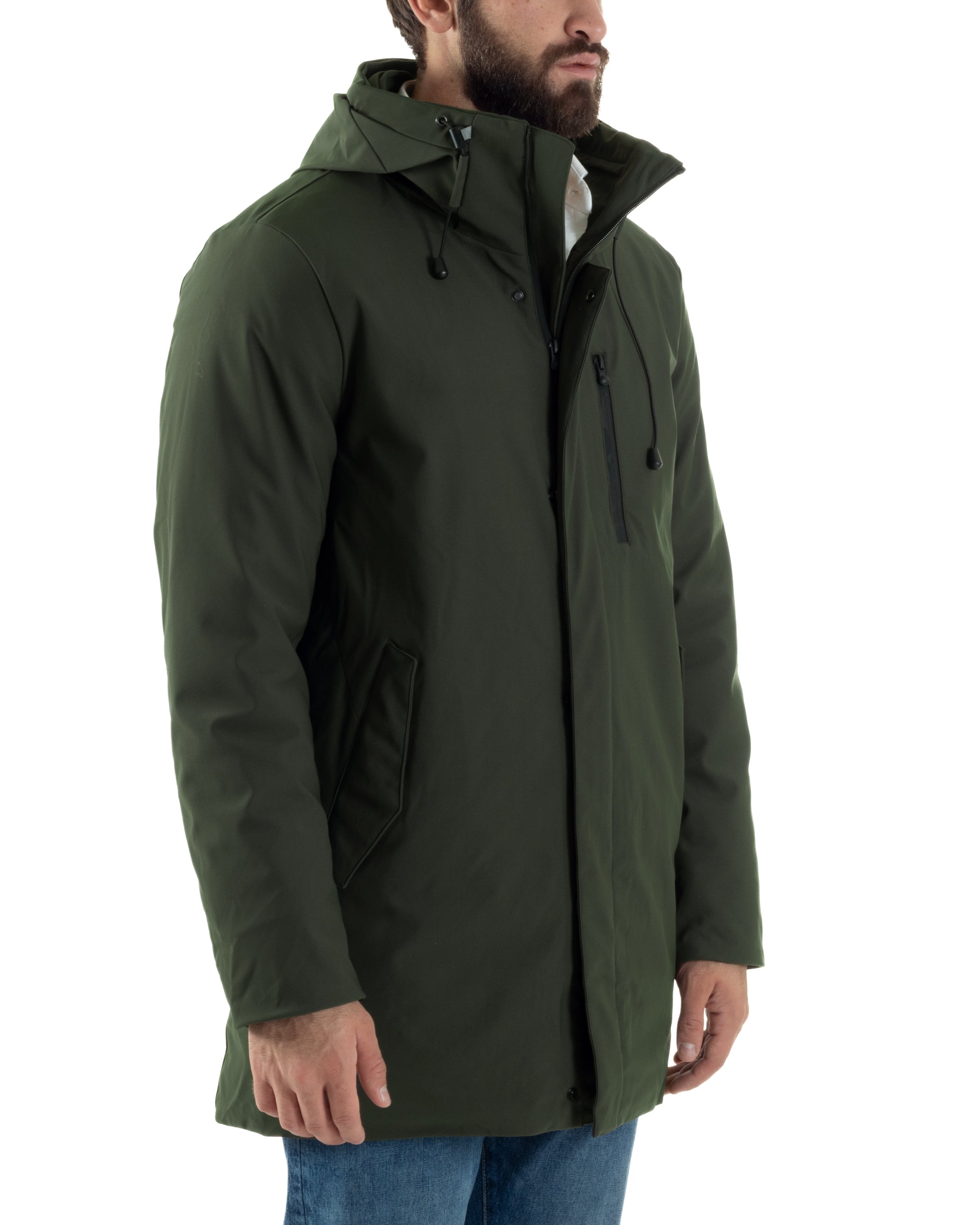 Giubbotto Uomo Con Cappuccio Trench Tessuto Tecnico Giaccone Con Zip Imbottito Lungo Verde G3368A