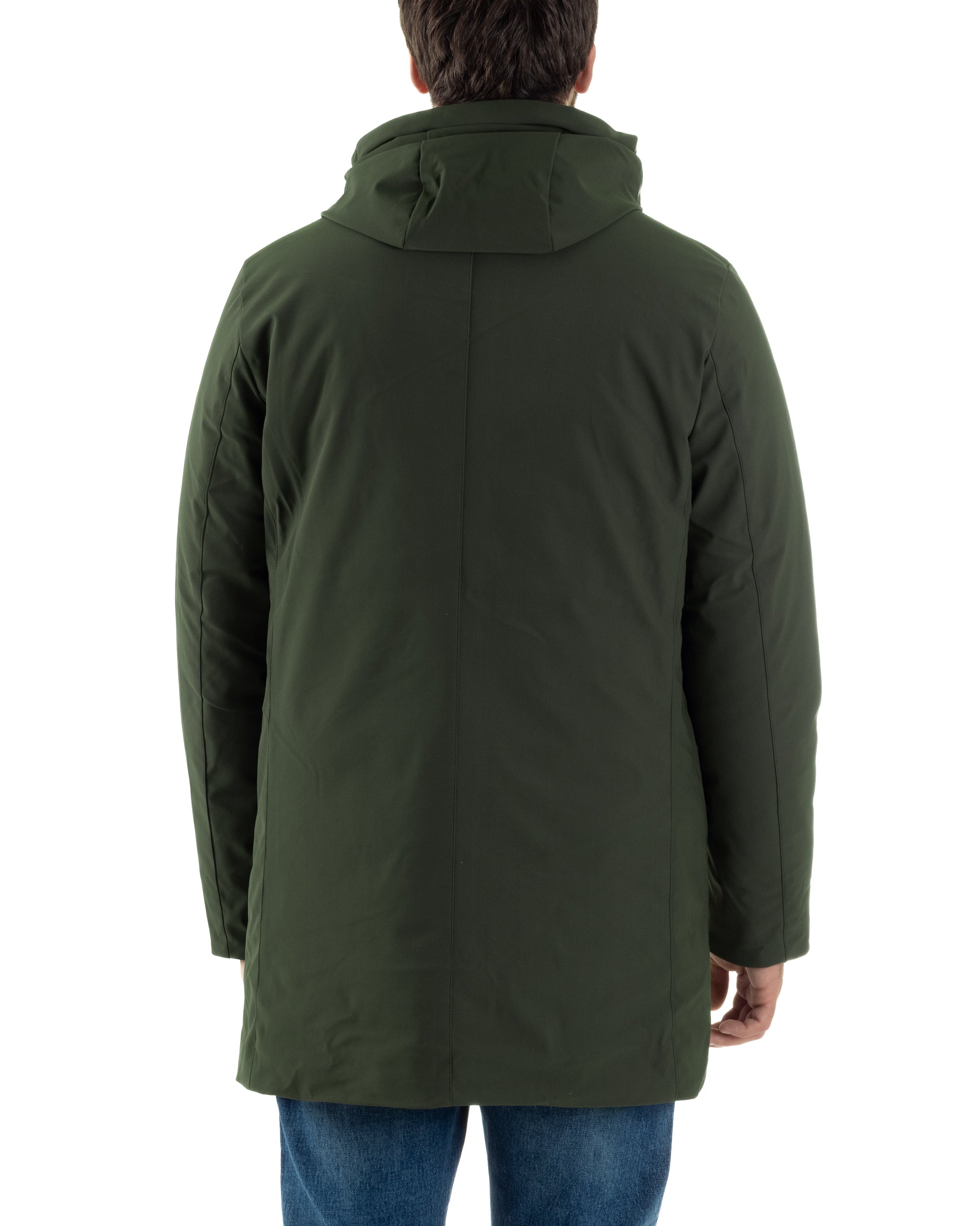 Giubbotto Uomo Con Cappuccio Trench Tessuto Tecnico Giaccone Con Zip Imbottito Lungo Verde G3368A
