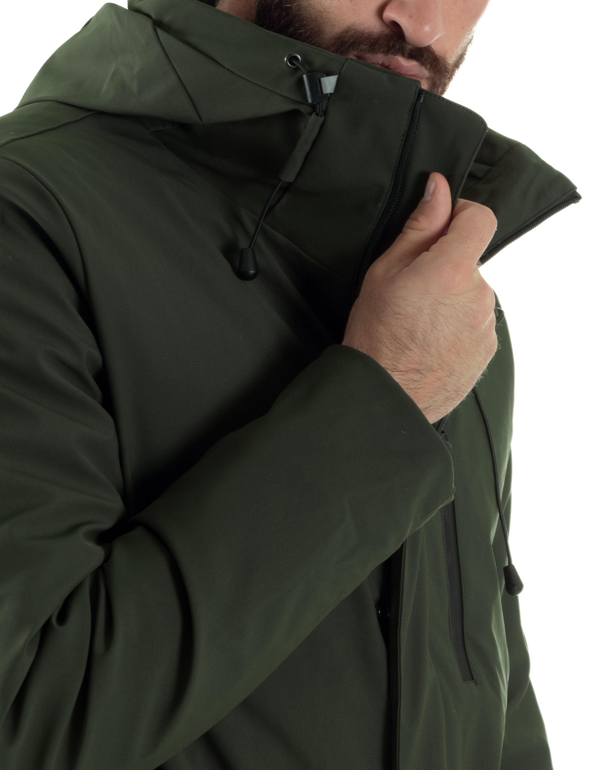 Giubbotto Uomo Con Cappuccio Trench Tessuto Tecnico Giaccone Con Zip Imbottito Lungo Verde G3368A