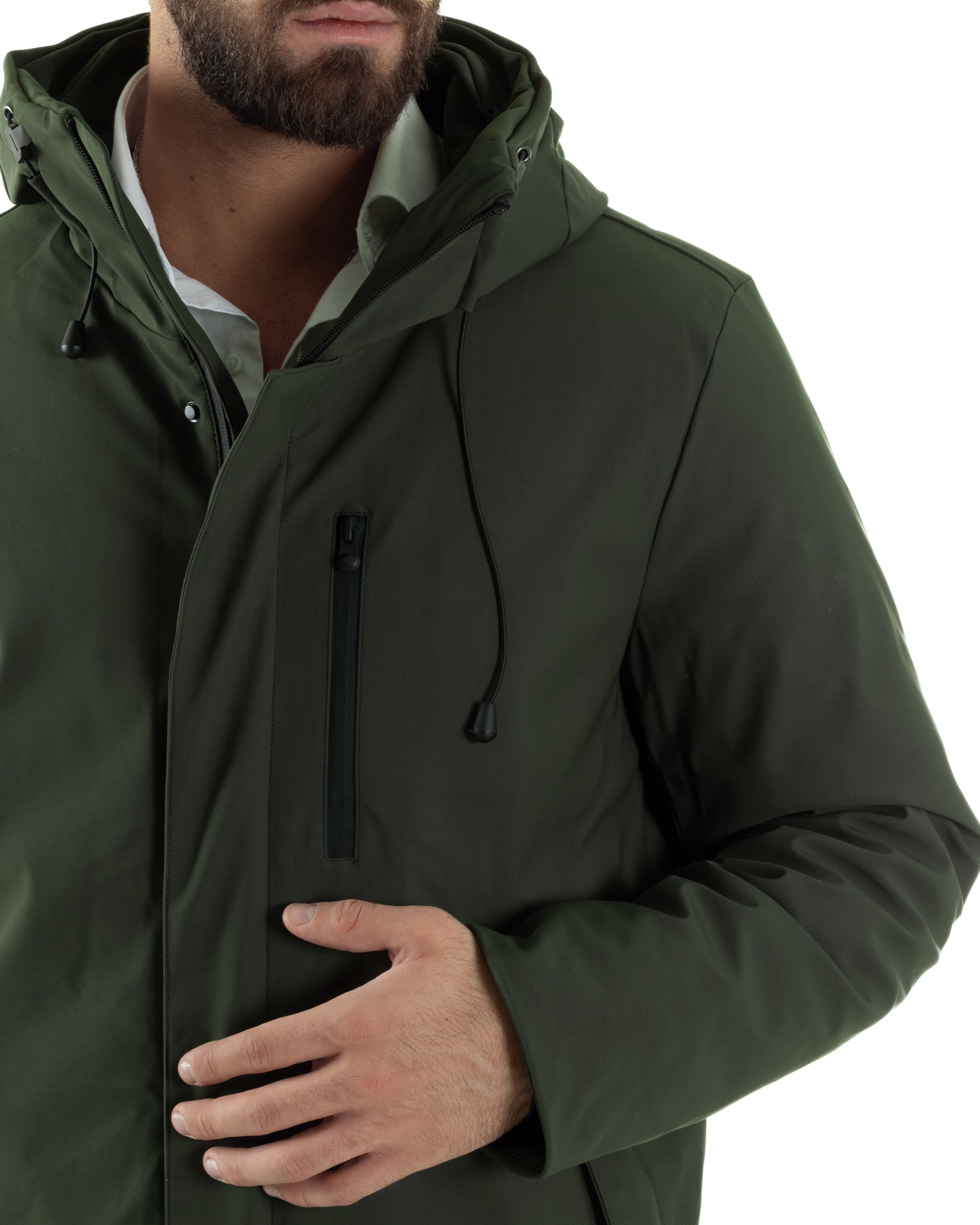 Giubbotto Uomo Con Cappuccio Trench Tessuto Tecnico Giaccone Con Zip Imbottito Lungo Verde G3368A
