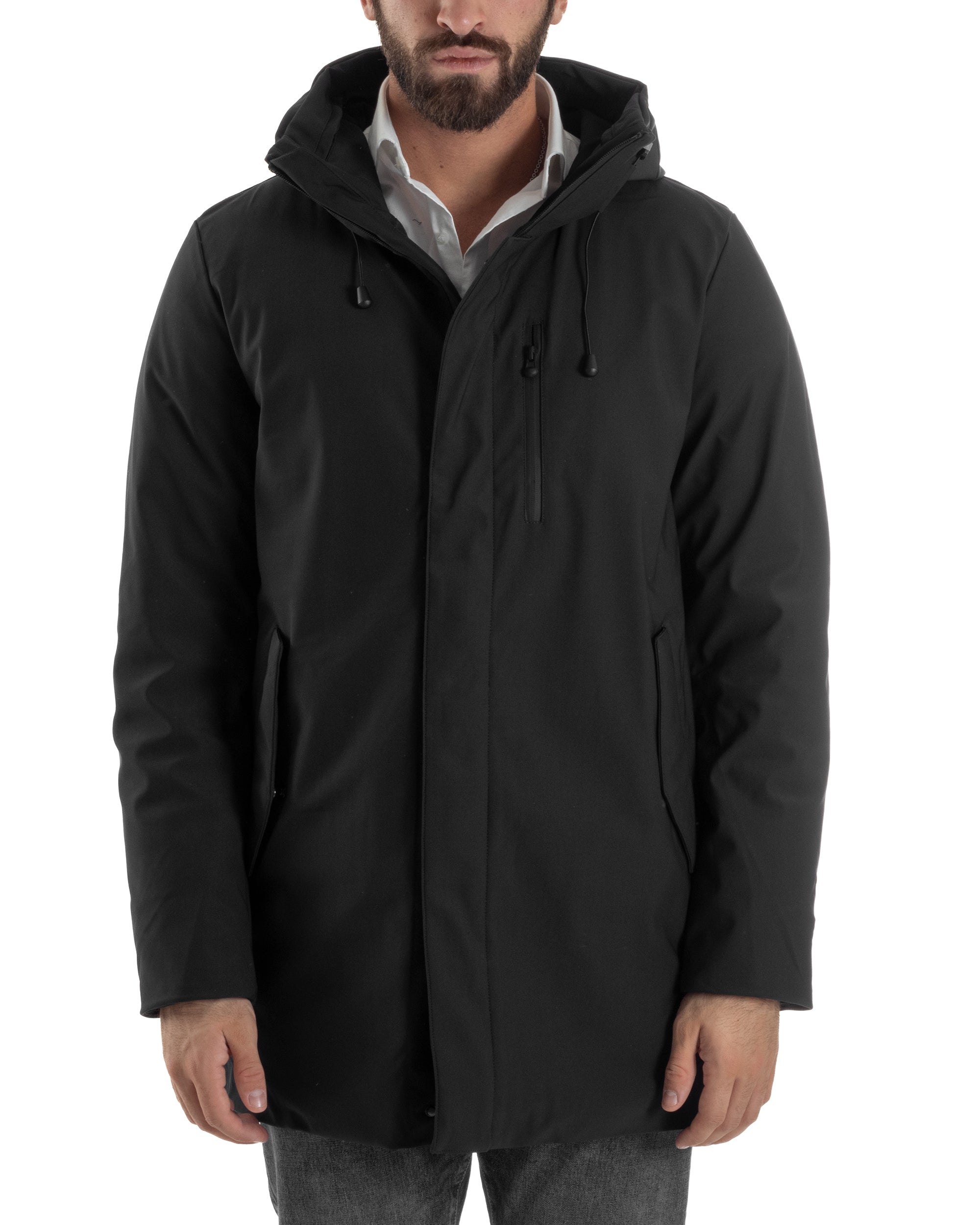 Giubbotto Uomo Con Cappuccio Trench Tessuto Tecnico Giaccone Con Zip Imbottito Lungo Nero G3369A