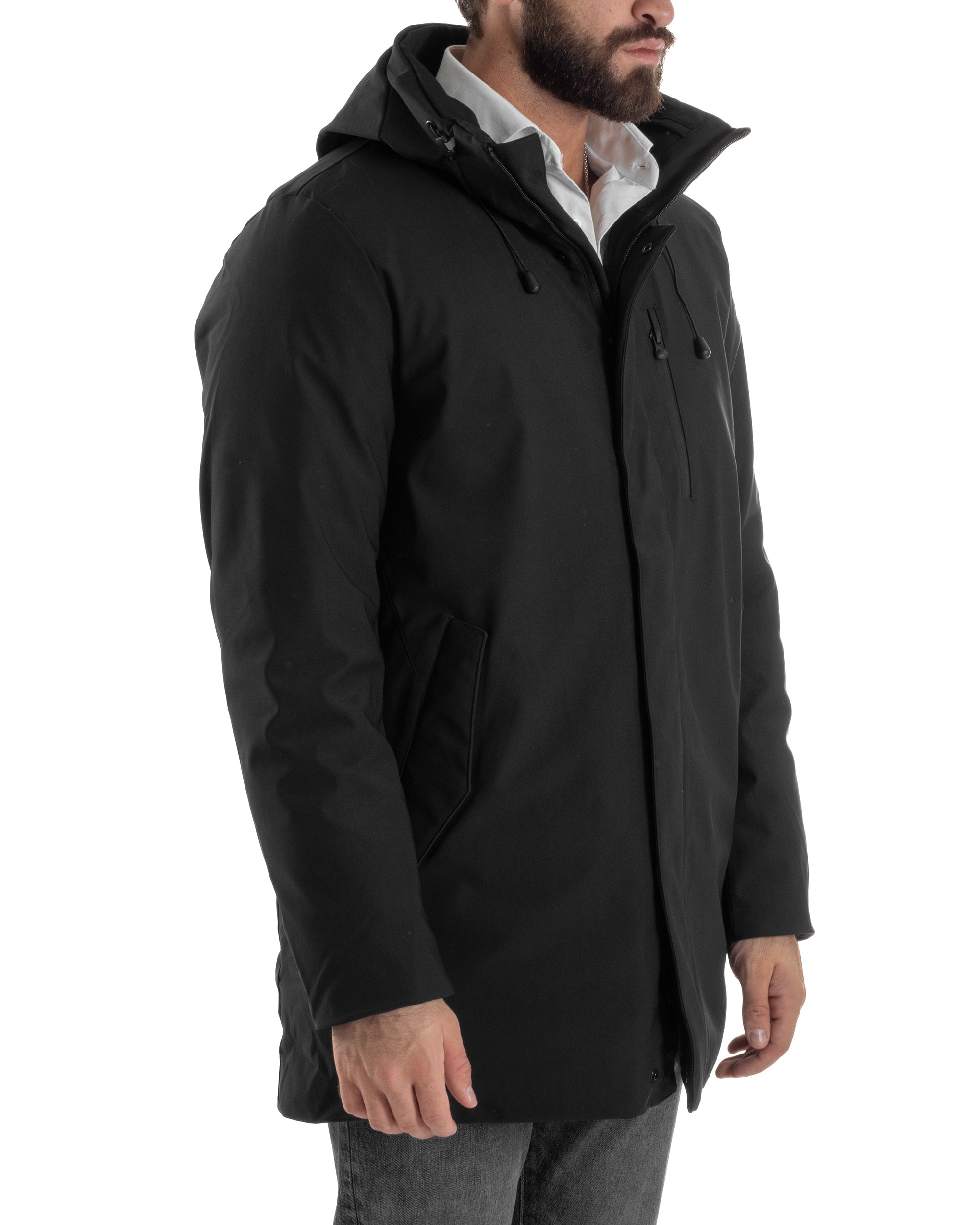 Giubbotto Uomo Con Cappuccio Trench Tessuto Tecnico Giaccone Con Zip Imbottito Lungo Nero G3369A