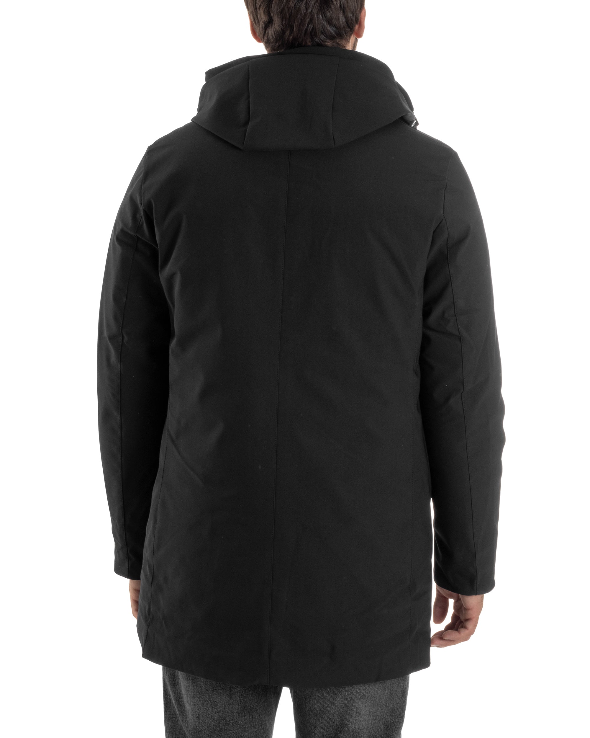 Giubbotto Uomo Con Cappuccio Trench Tessuto Tecnico Giaccone Con Zip Imbottito Lungo Nero G3369A