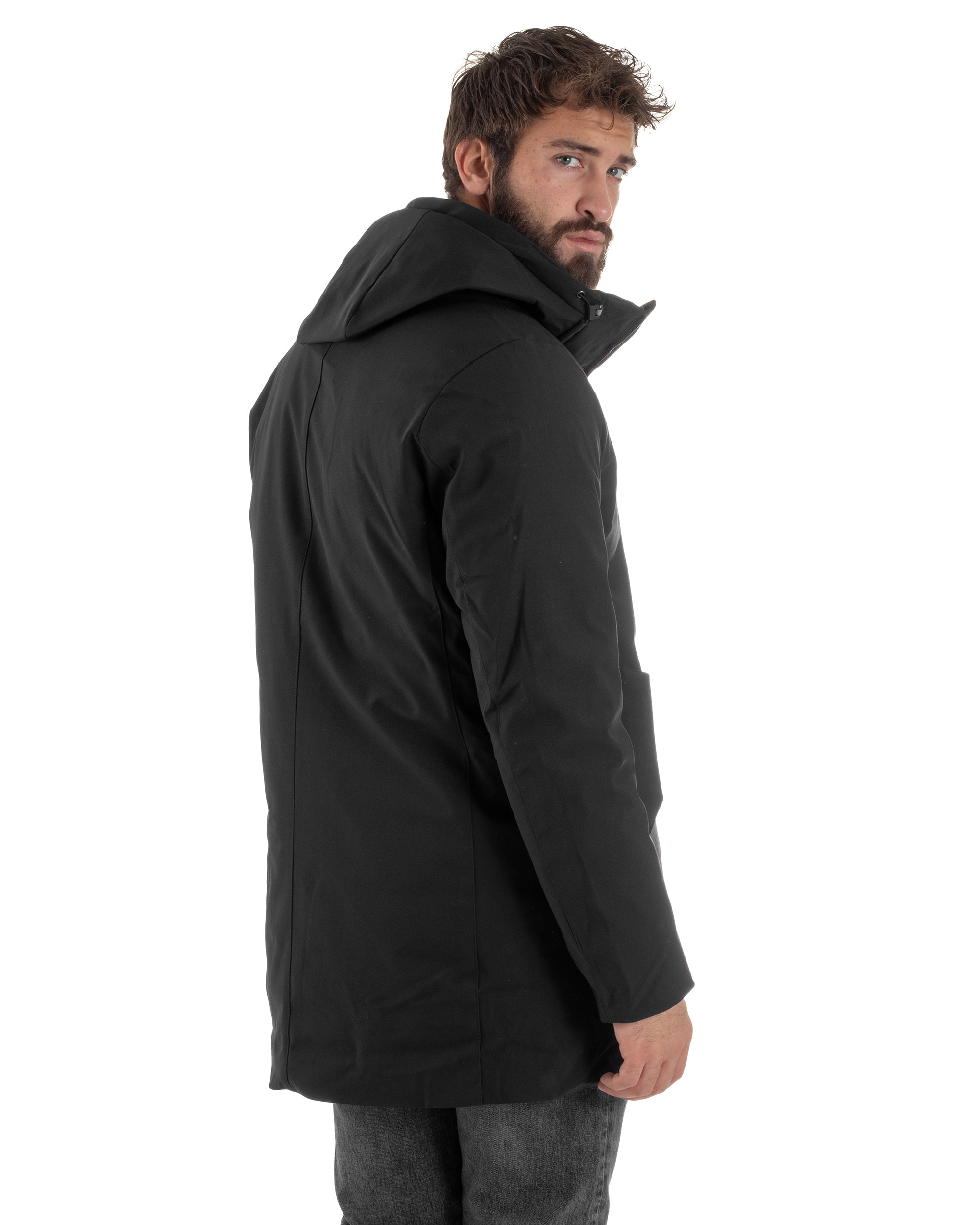 Giubbotto Uomo Con Cappuccio Trench Tessuto Tecnico Giaccone Con Zip Imbottito Lungo Nero G3369A
