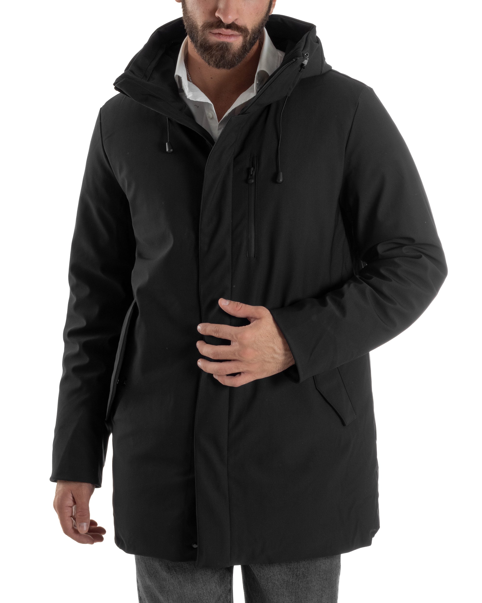 Giubbotto Uomo Con Cappuccio Trench Tessuto Tecnico Giaccone Con Zip Imbottito Lungo Nero G3369A