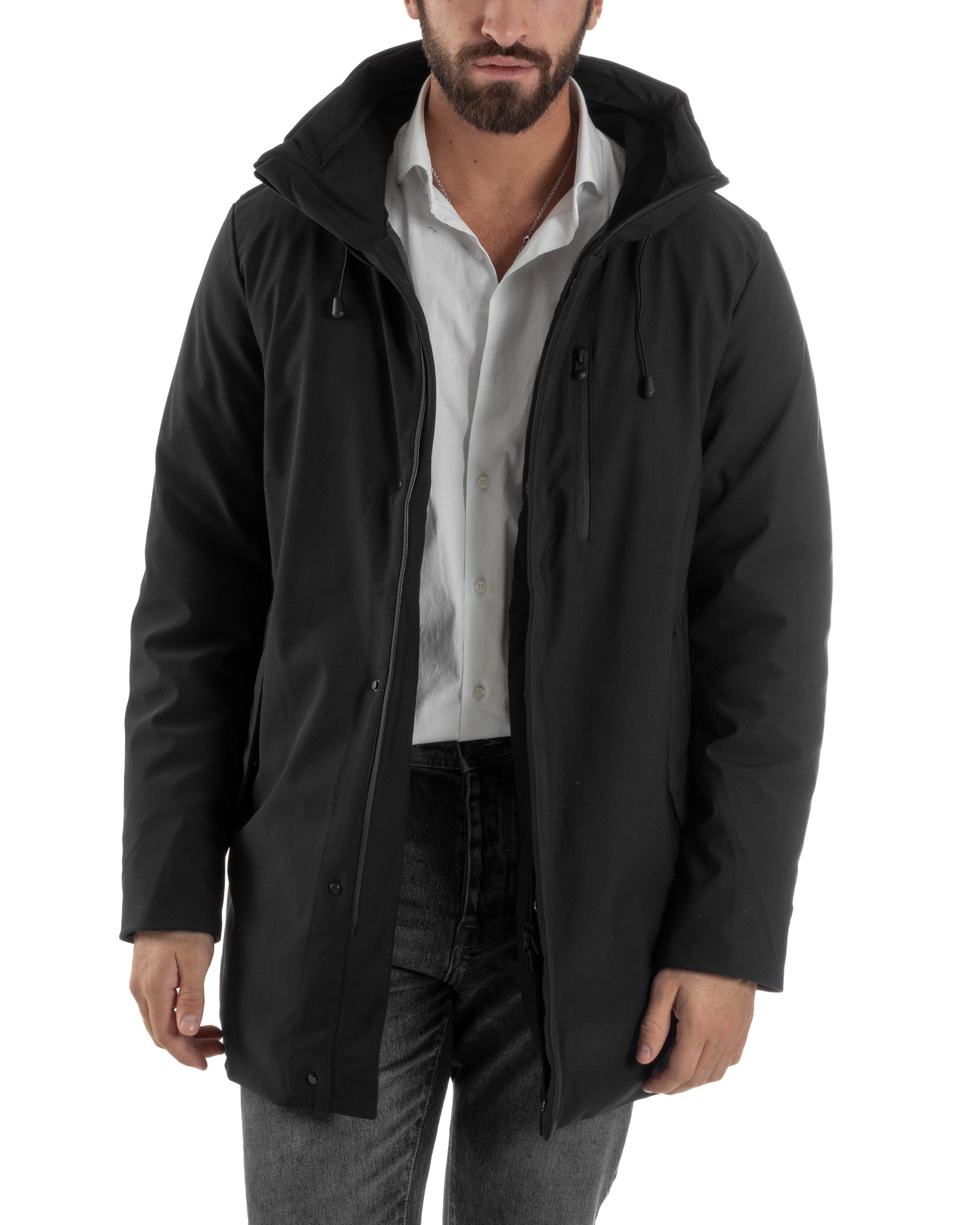 Giubbotto Uomo Con Cappuccio Trench Tessuto Tecnico Giaccone Con Zip Imbottito Lungo Nero G3369A
