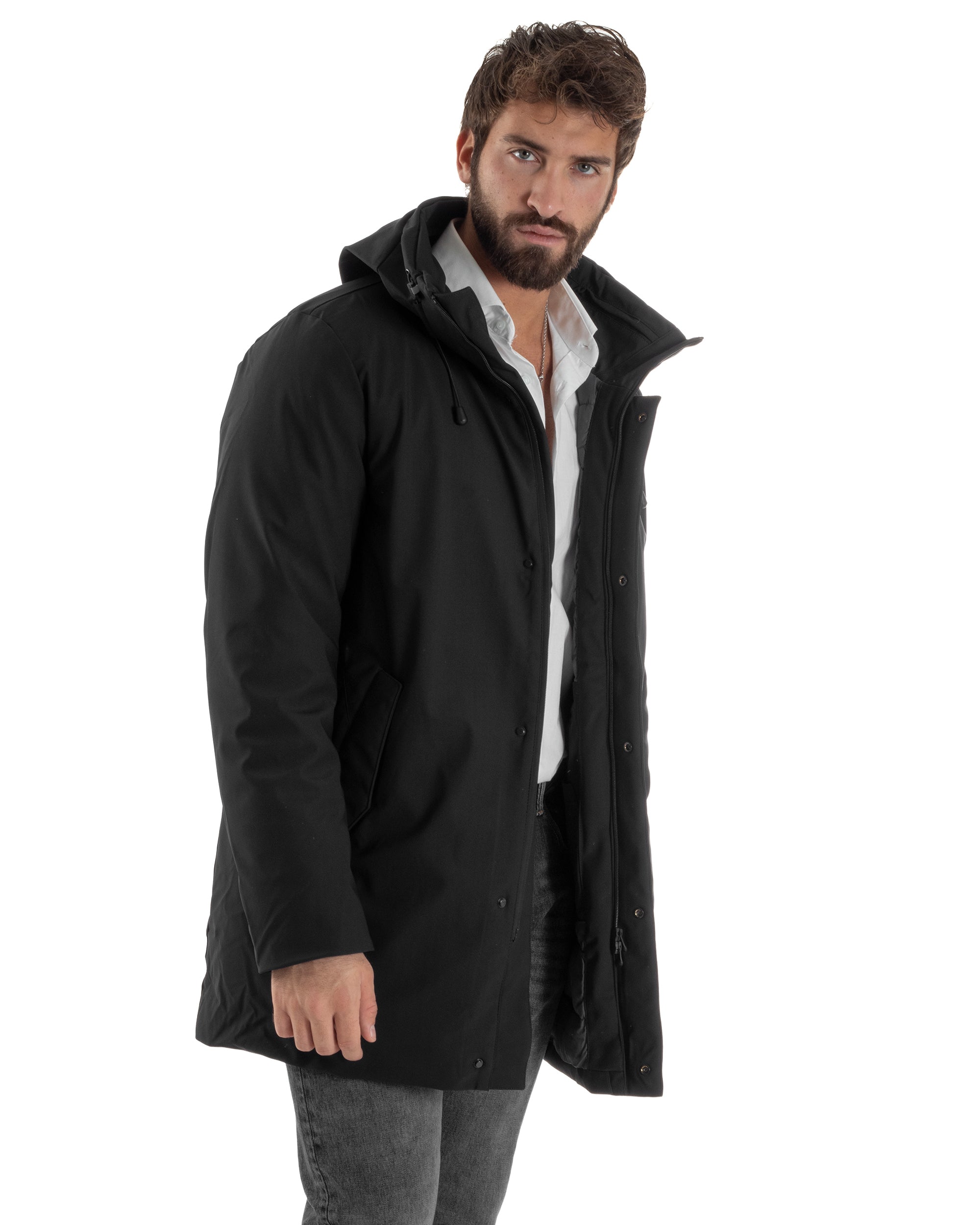 Giubbotto Uomo Con Cappuccio Trench Tessuto Tecnico Giaccone Con Zip Imbottito Lungo Nero G3369A