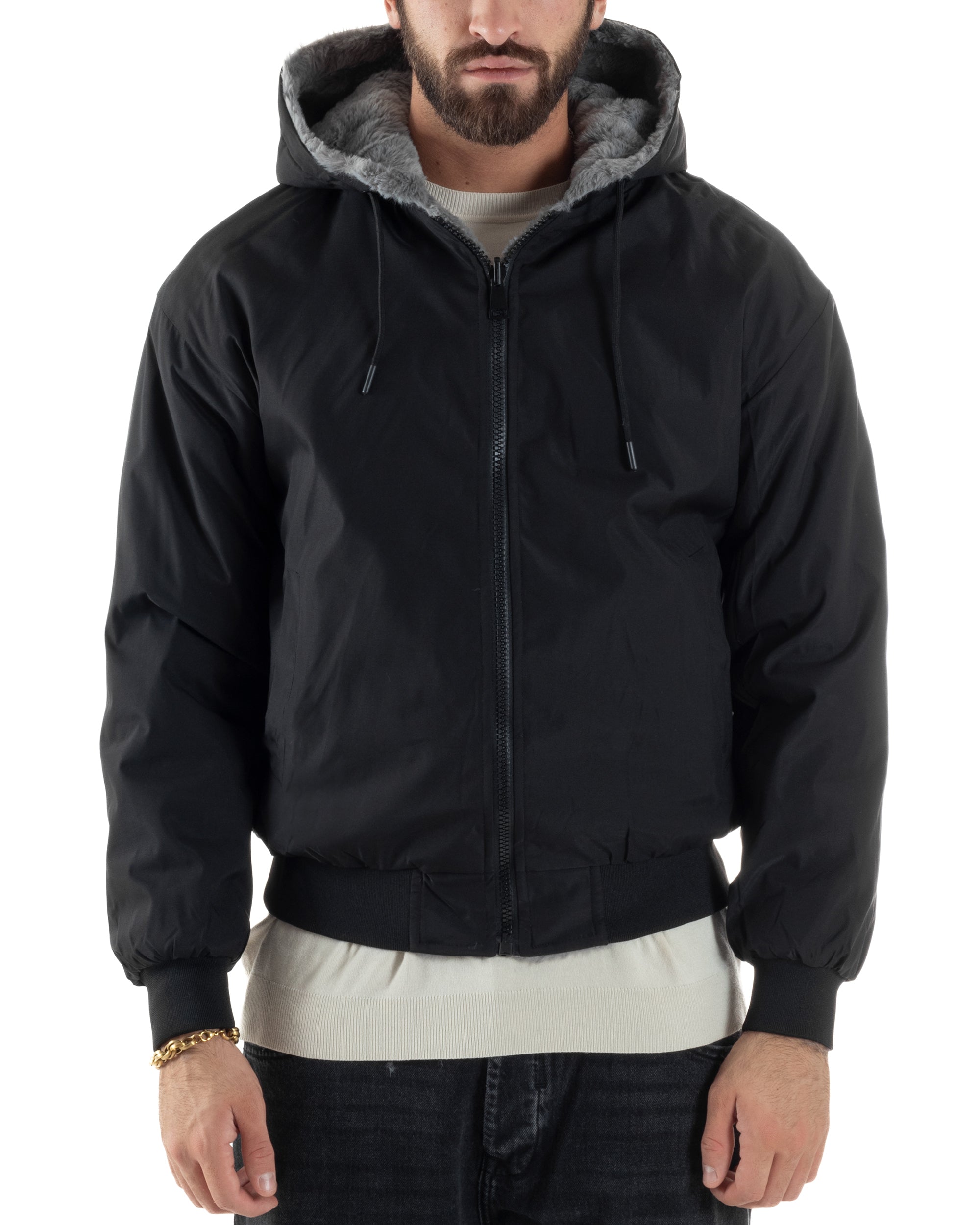 Giubbotto Uomo Bomber Double Face Tessuto Tecnico Pelliccia Cappuccio Nero G3370A