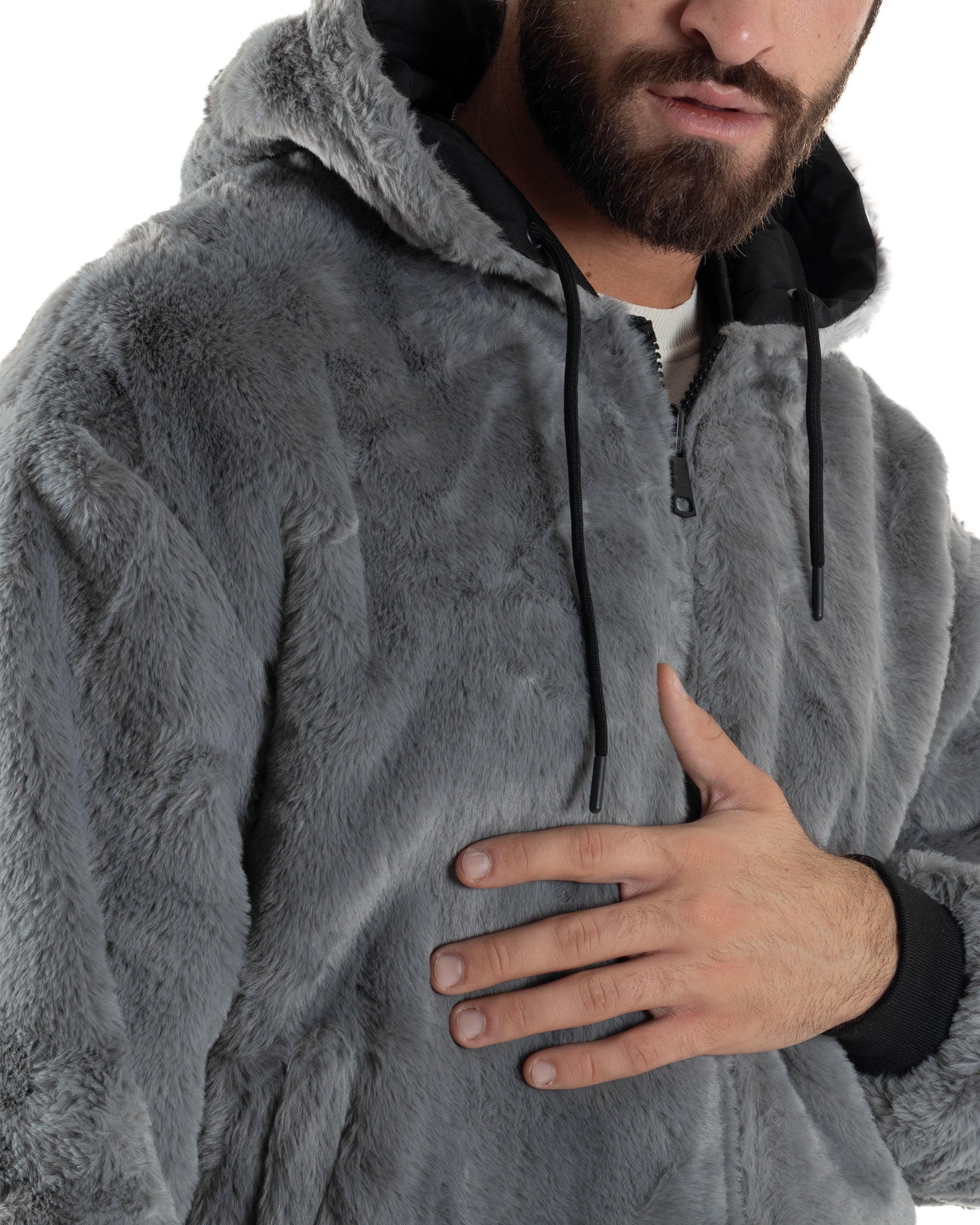 Giubbotto Uomo Bomber Double Face Tessuto Tecnico Pelliccia Cappuccio Nero G3370A