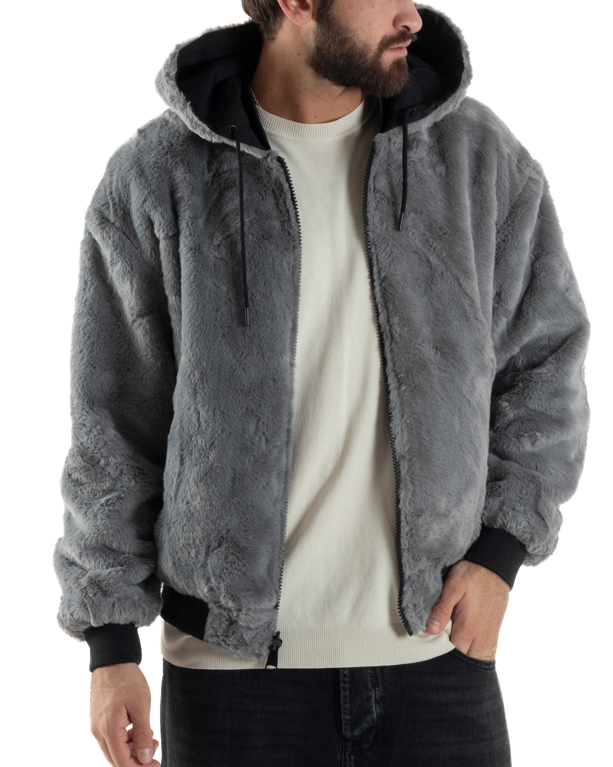 Giubbotto Uomo Bomber Double Face Tessuto Tecnico Pelliccia Cappuccio Nero G3370A