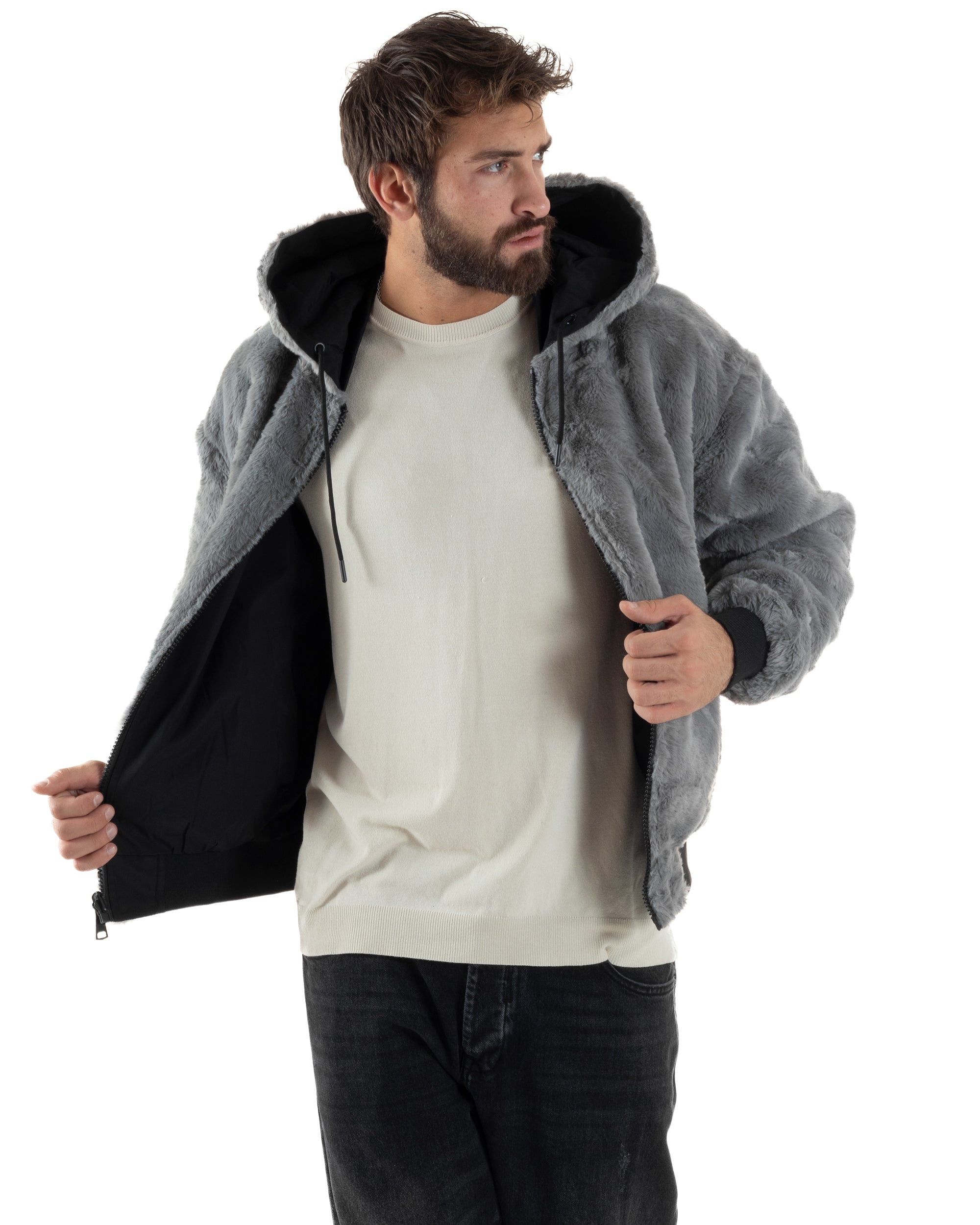 Giubbotto Uomo Bomber Double Face Tessuto Tecnico Pelliccia Cappuccio Nero G3370A