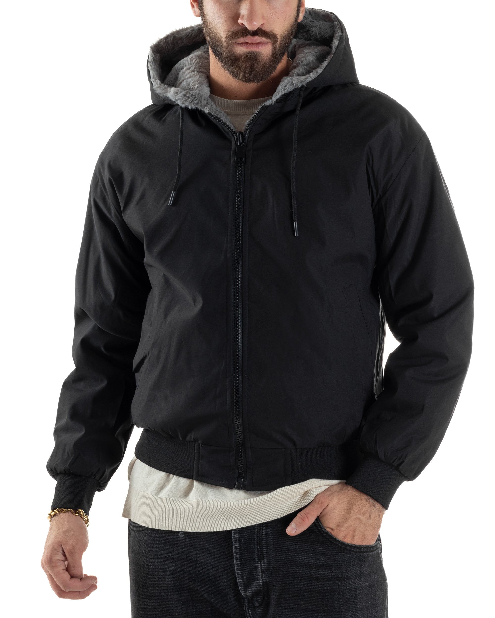 Giubbotto Uomo Bomber Double Face Tessuto Tecnico Pelliccia Cappuccio Nero G3370A