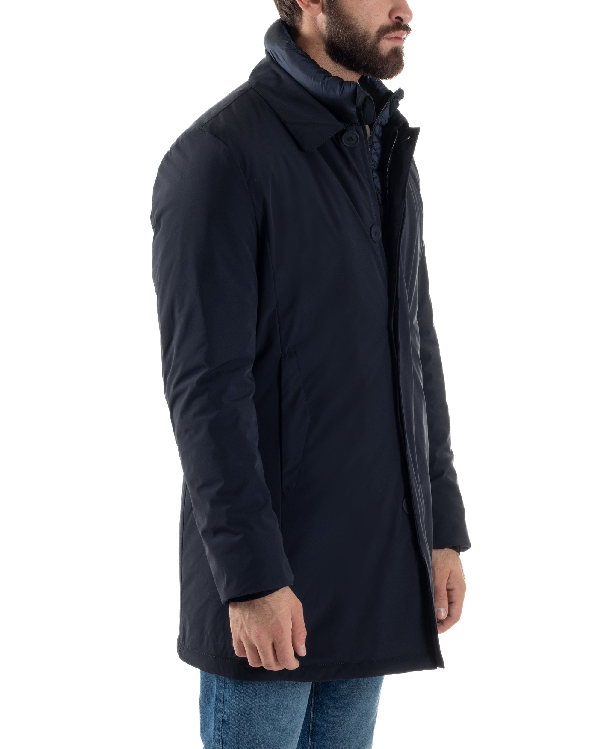 Giubbotto Uomo Trench Impermeabile Tessuto Tecnico Imbottito Blu Over-D OC1F2W5J06