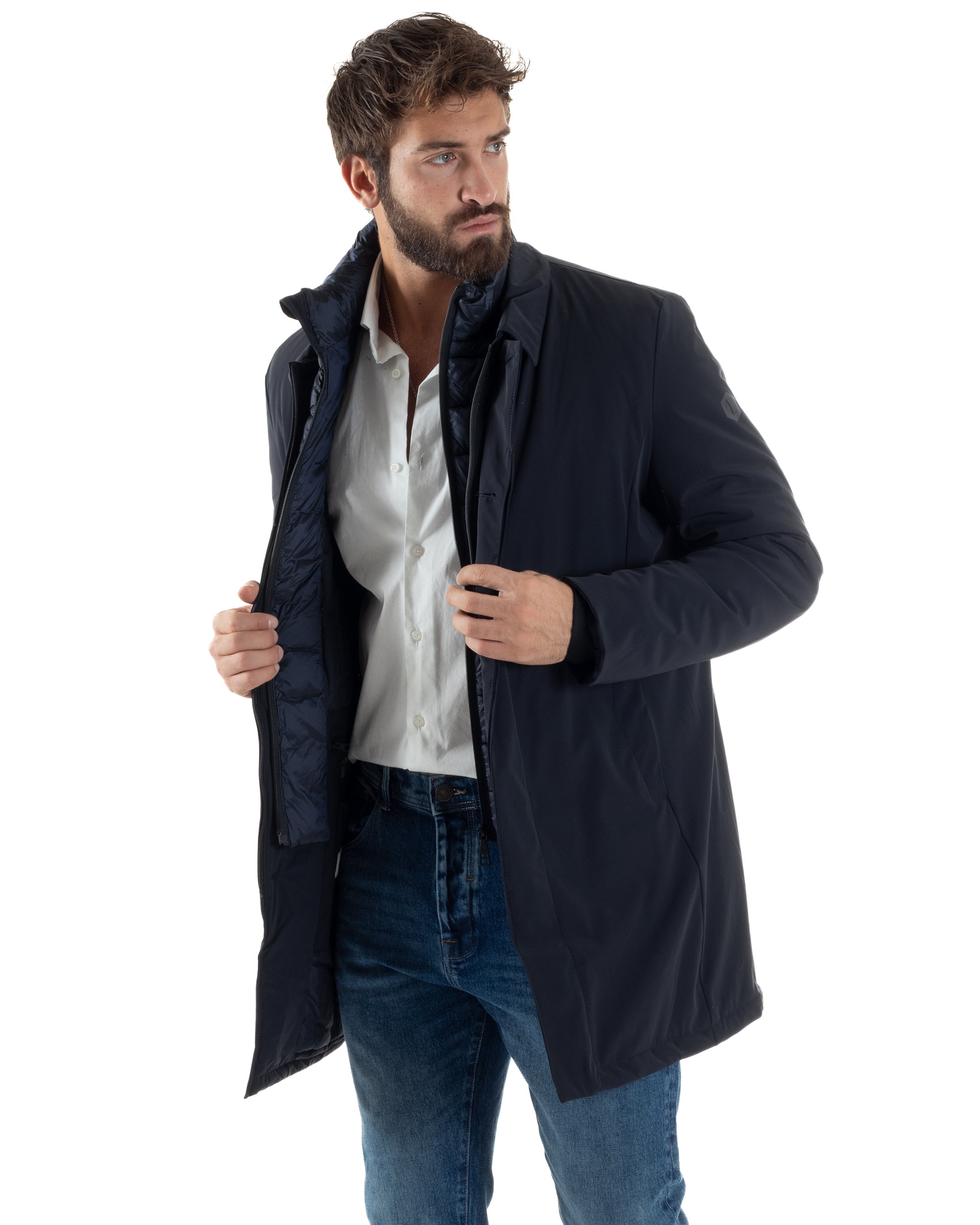 Giubbotto Uomo Trench Impermeabile Tessuto Tecnico Imbottito Blu Over-D OC1F2W5J06