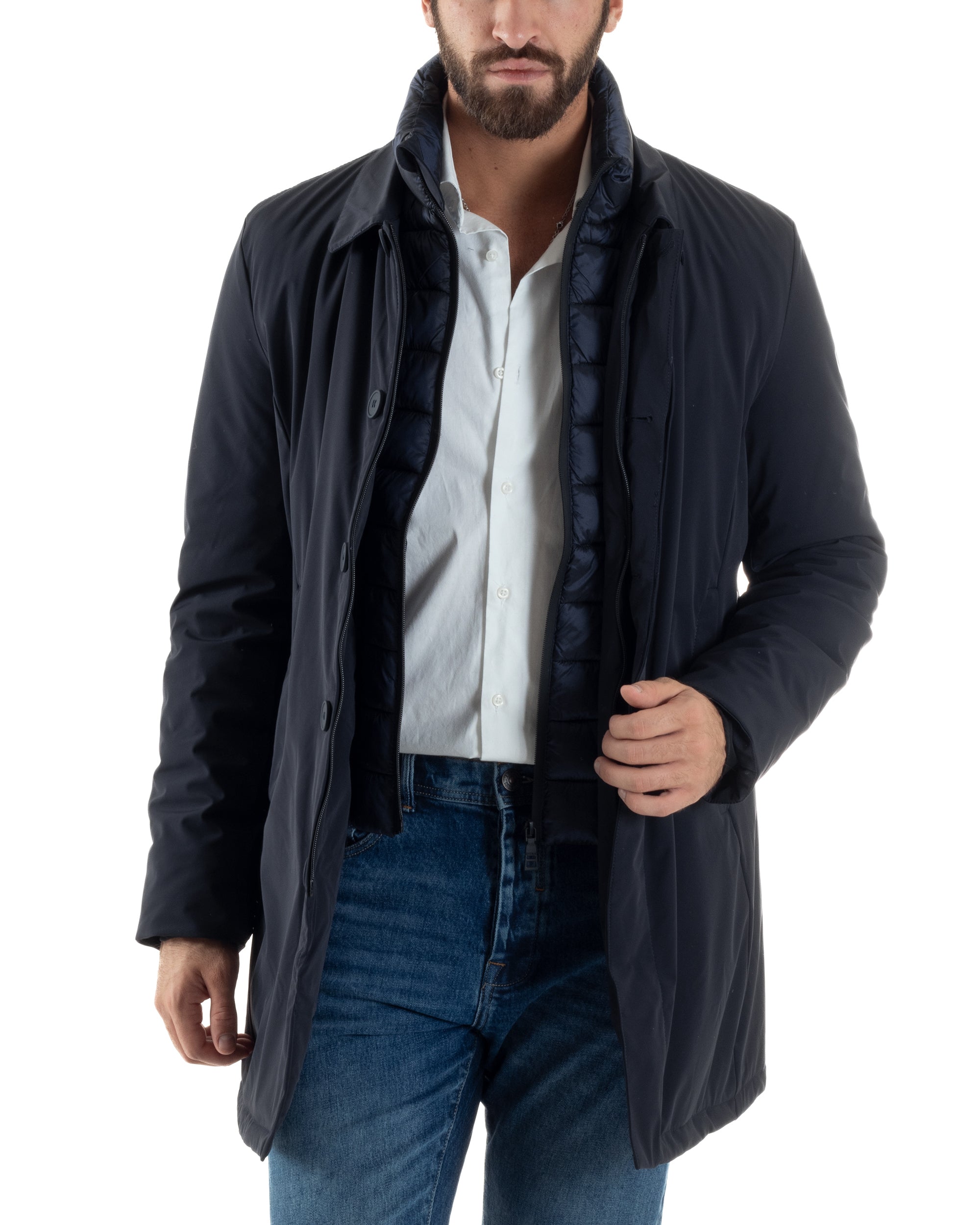Giubbotto Uomo Trench Impermeabile Tessuto Tecnico Imbottito Blu Over-D OC1F2W5J06