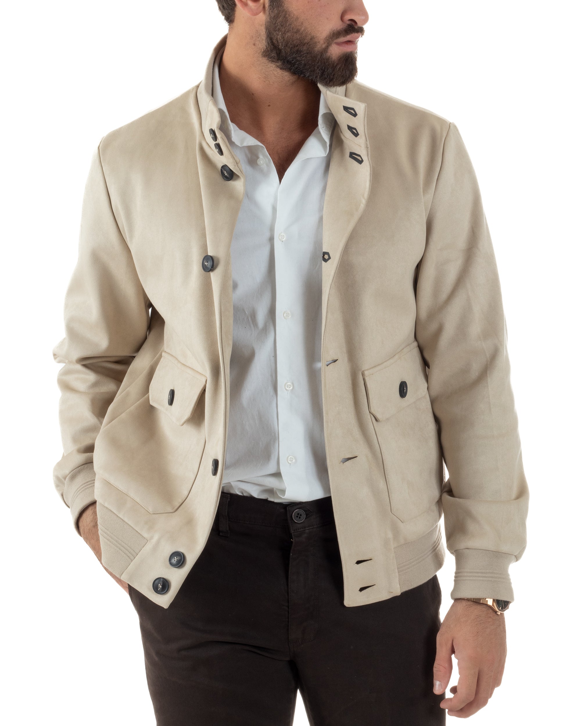 Giubbotto Uomo College Camoscio Giacca Con Bottoni Beige G3372A
