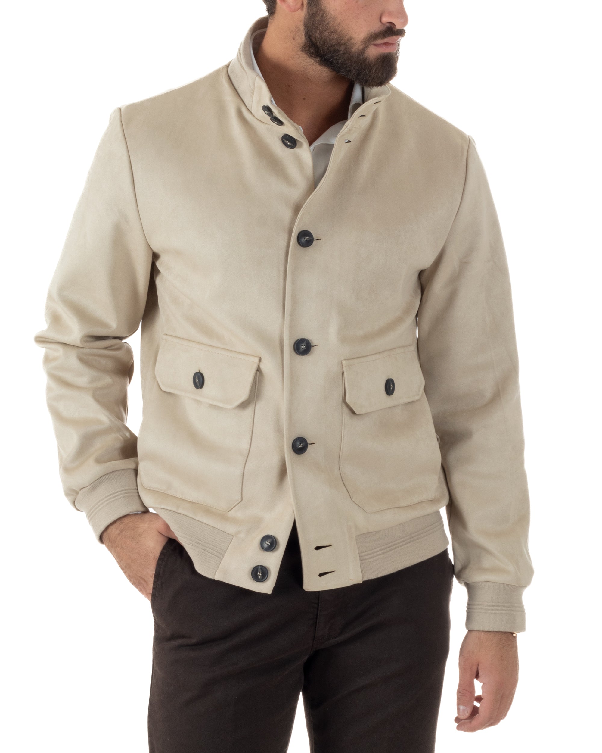 Giubbotto Uomo College Camoscio Giacca Con Bottoni Beige G3372A