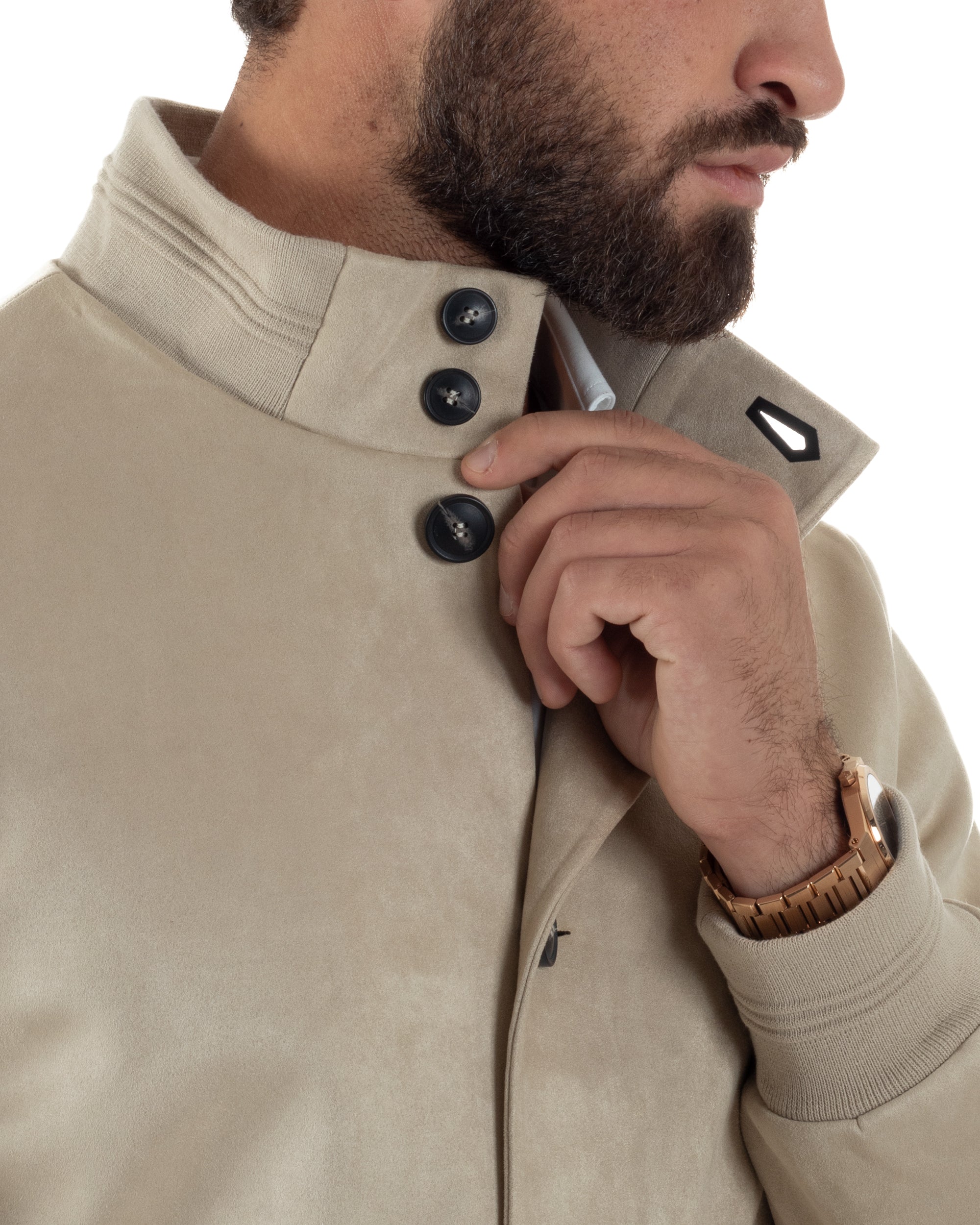 Giubbotto Uomo College Camoscio Giacca Con Bottoni Beige G3372A