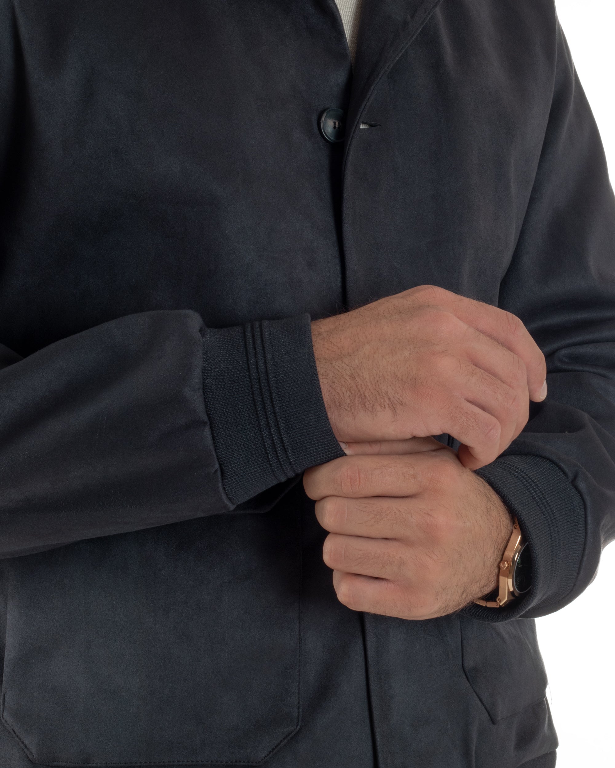 Giubbotto Uomo College Camoscio Giacca Con Bottoni Blu G3373A