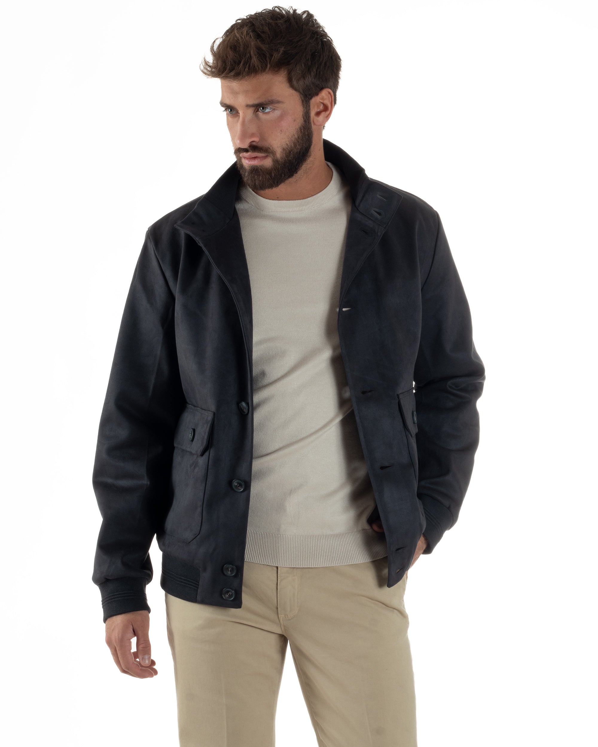 Giubbotto Uomo College Camoscio Giacca Con Bottoni Blu G3373A