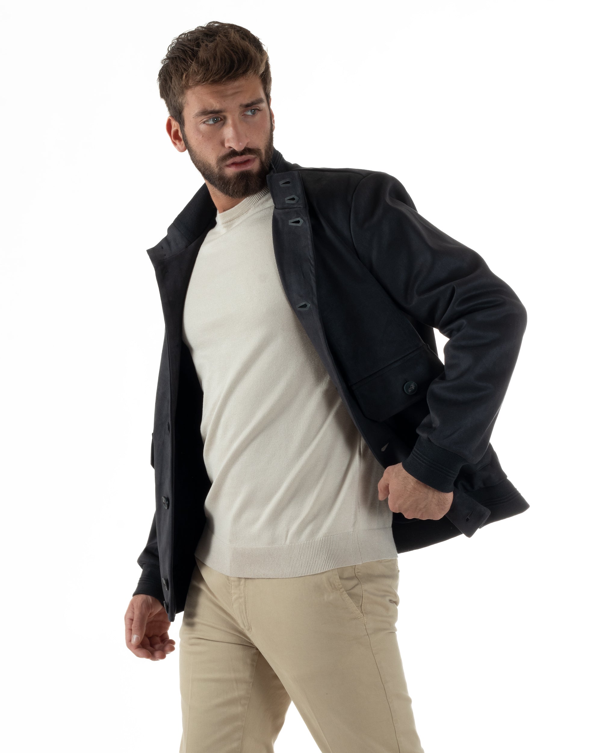 Giubbotto Uomo College Camoscio Giacca Con Bottoni Blu G3373A