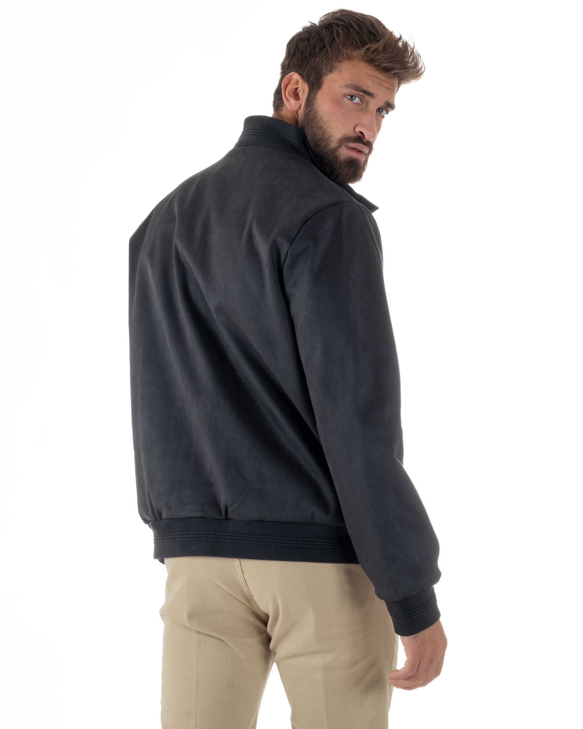 Giubbotto Uomo College Camoscio Giacca Con Bottoni Blu G3373A