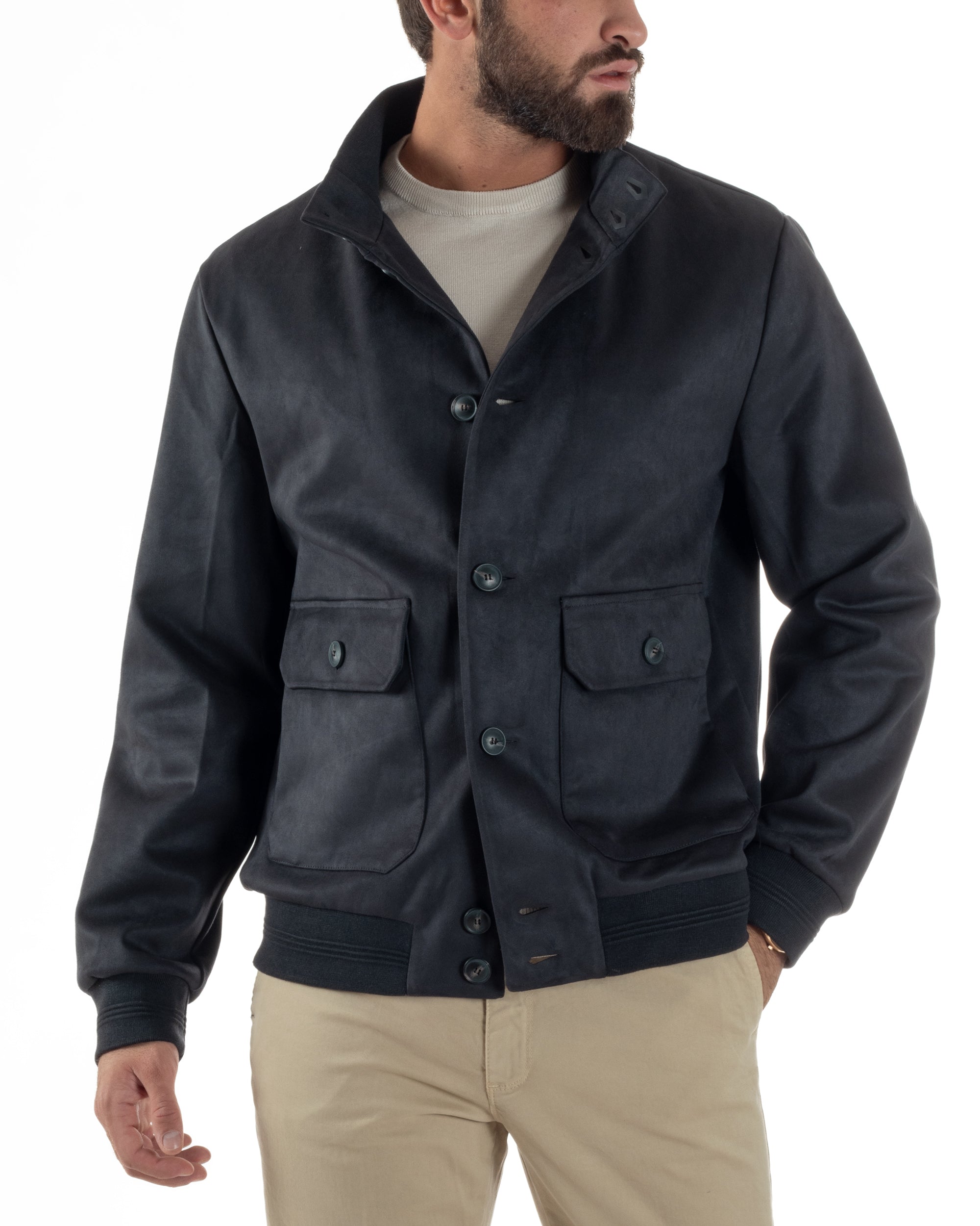 Giubbotto Uomo College Camoscio Giacca Con Bottoni Blu G3373A