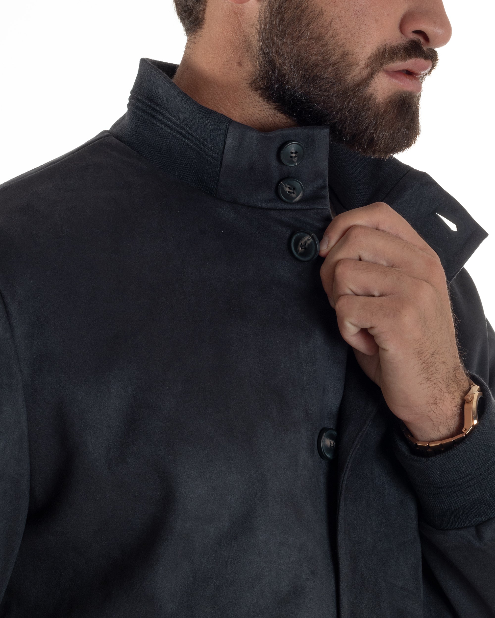 Giubbotto Uomo College Camoscio Giacca Con Bottoni Blu G3373A