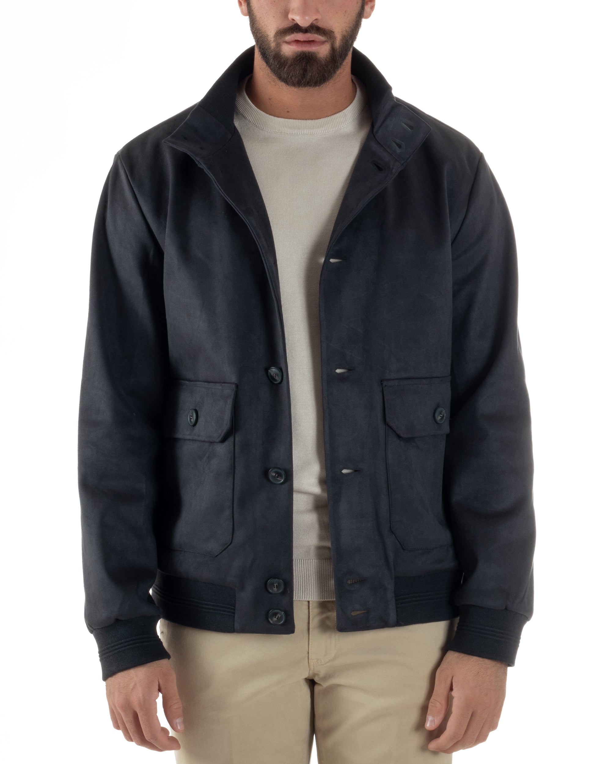 Giubbotto Uomo College Camoscio Giacca Con Bottoni Blu G3373A