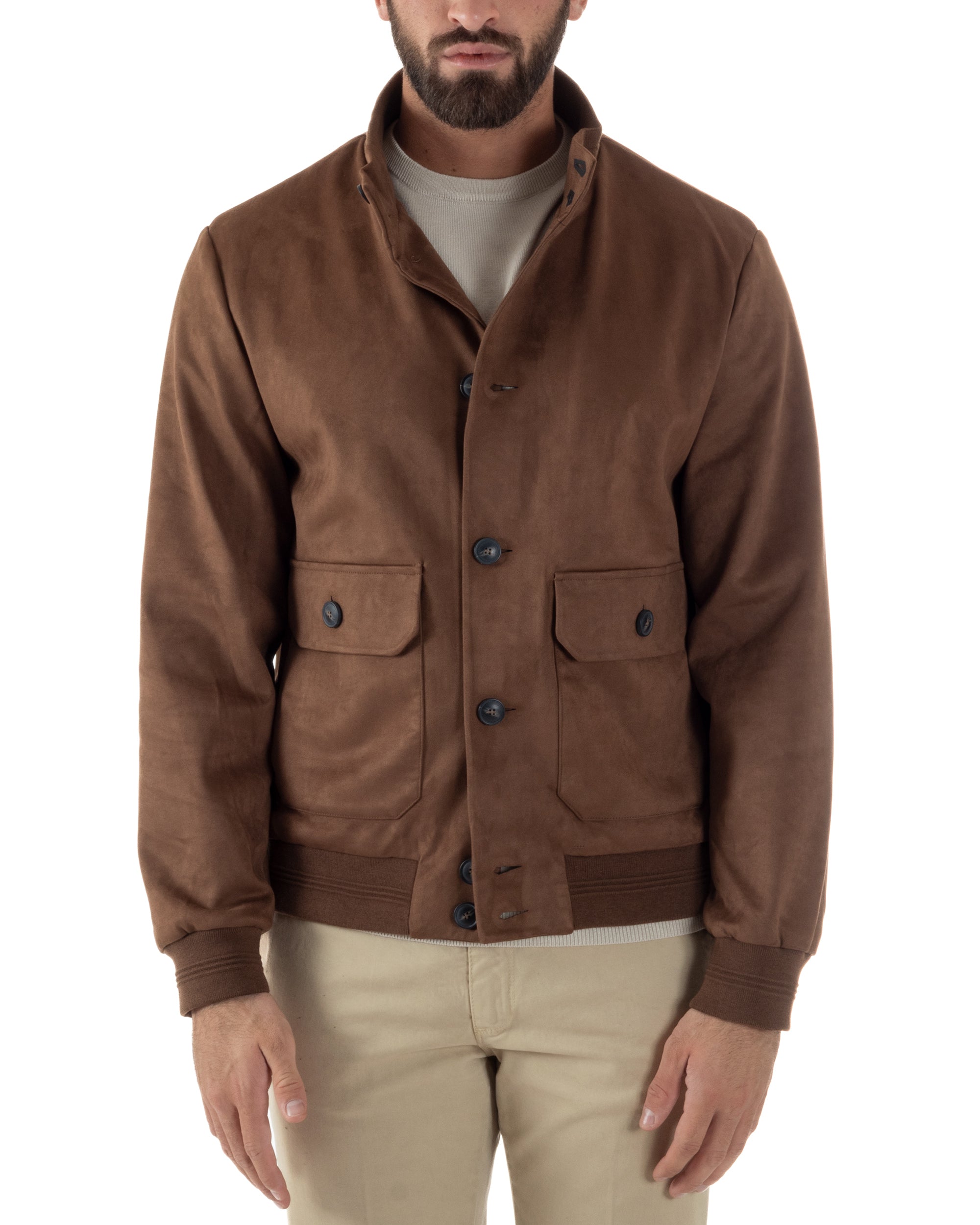 Giubbotto Uomo College Camoscio Giacca Con Bottoni Marrone G3374A