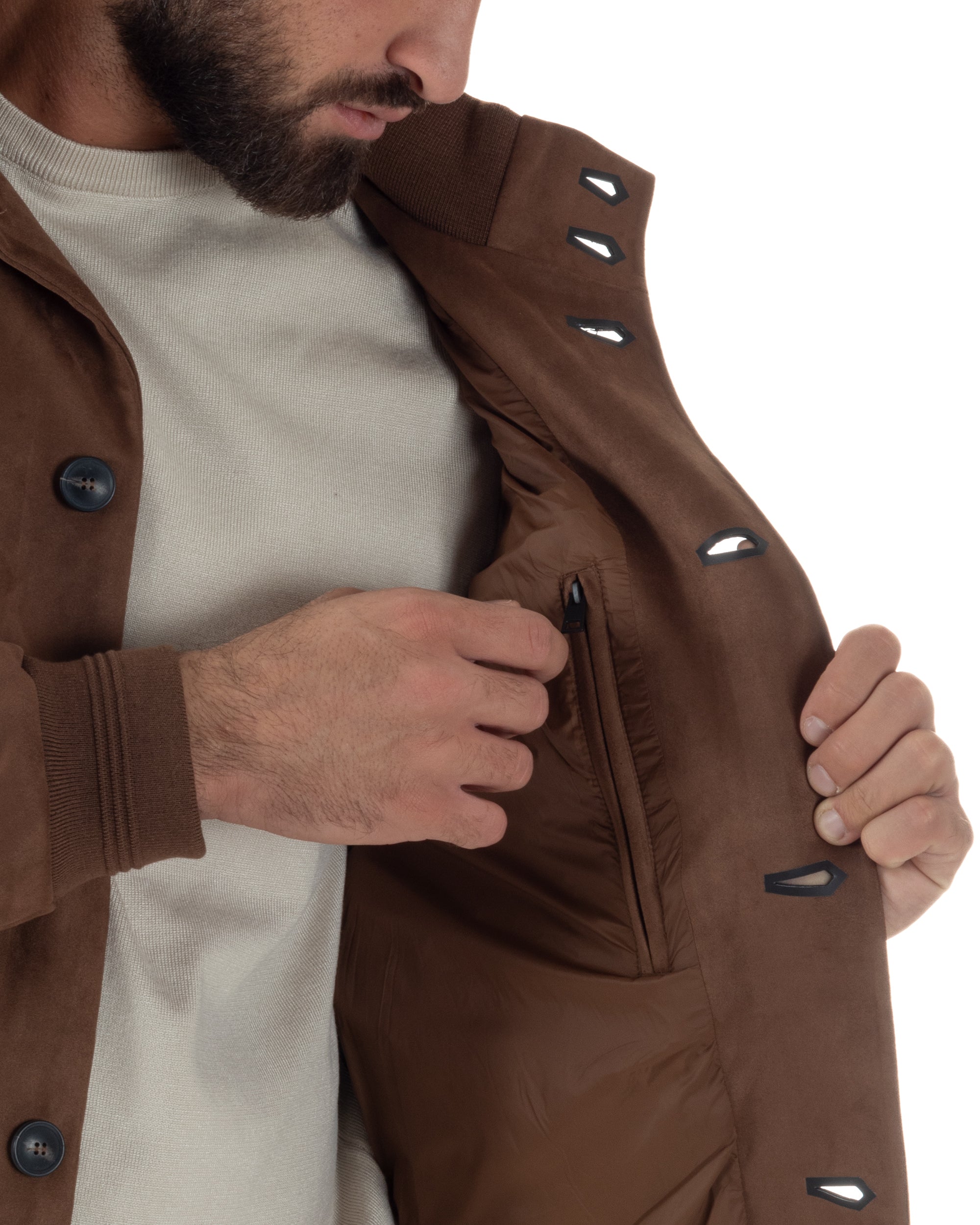 Giubbotto Uomo College Camoscio Giacca Con Bottoni Marrone G3374A