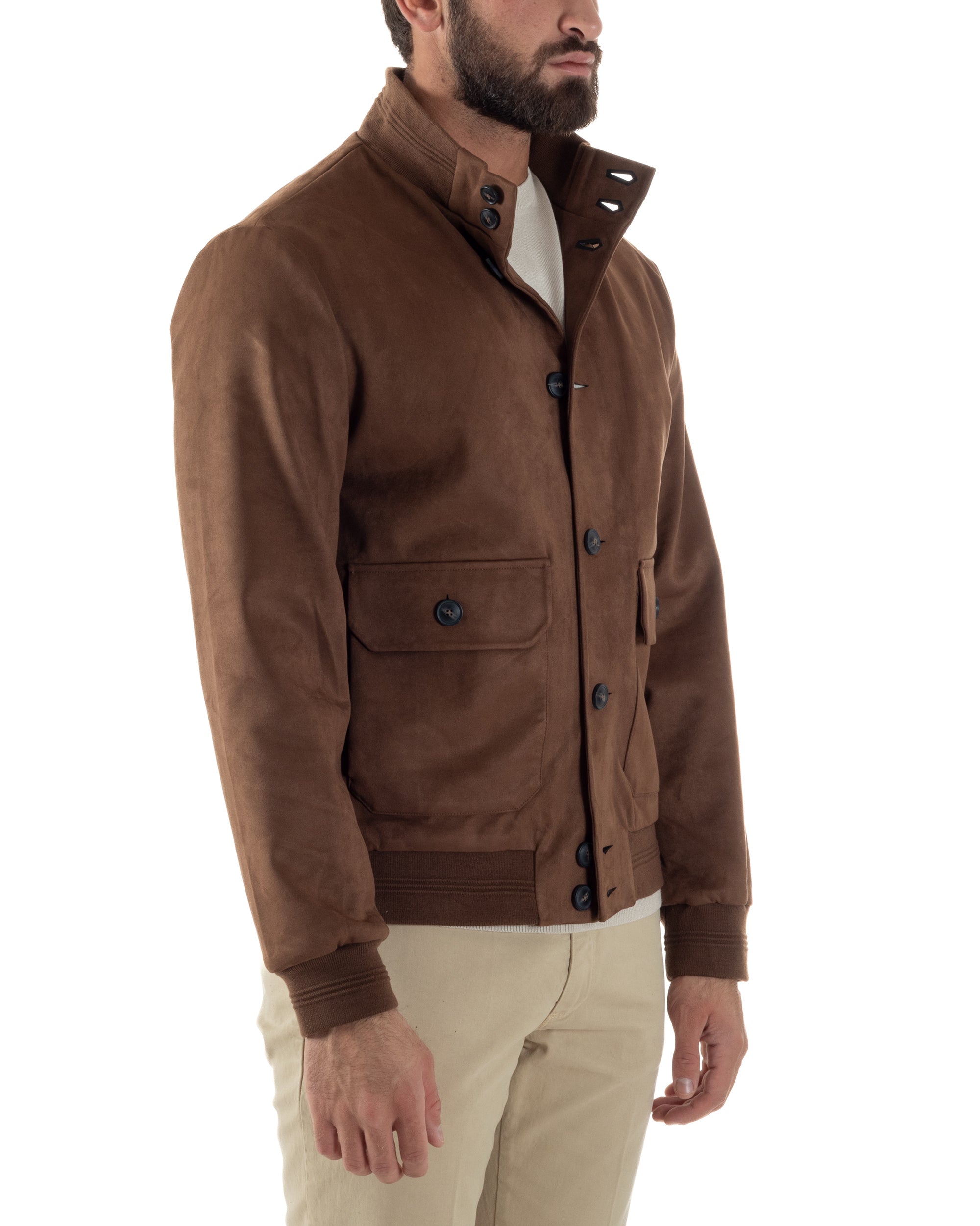 Giubbotto Uomo College Camoscio Giacca Con Bottoni Marrone G3374A