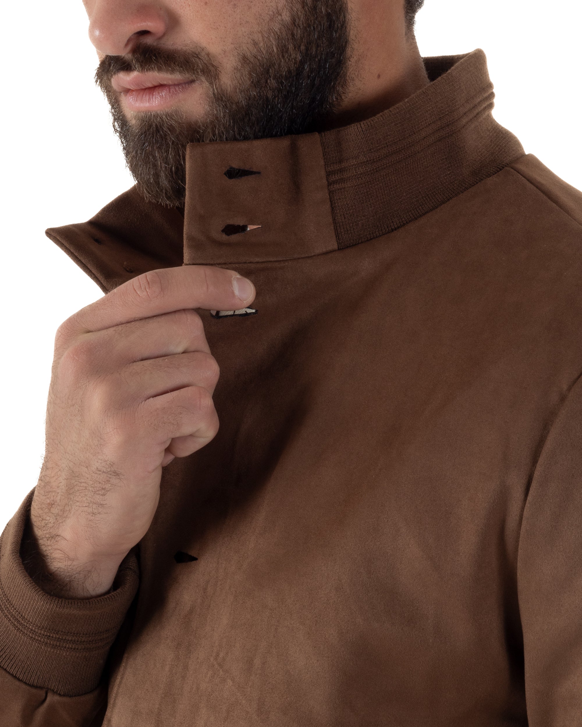 Giubbotto Uomo College Camoscio Giacca Con Bottoni Marrone G3374A