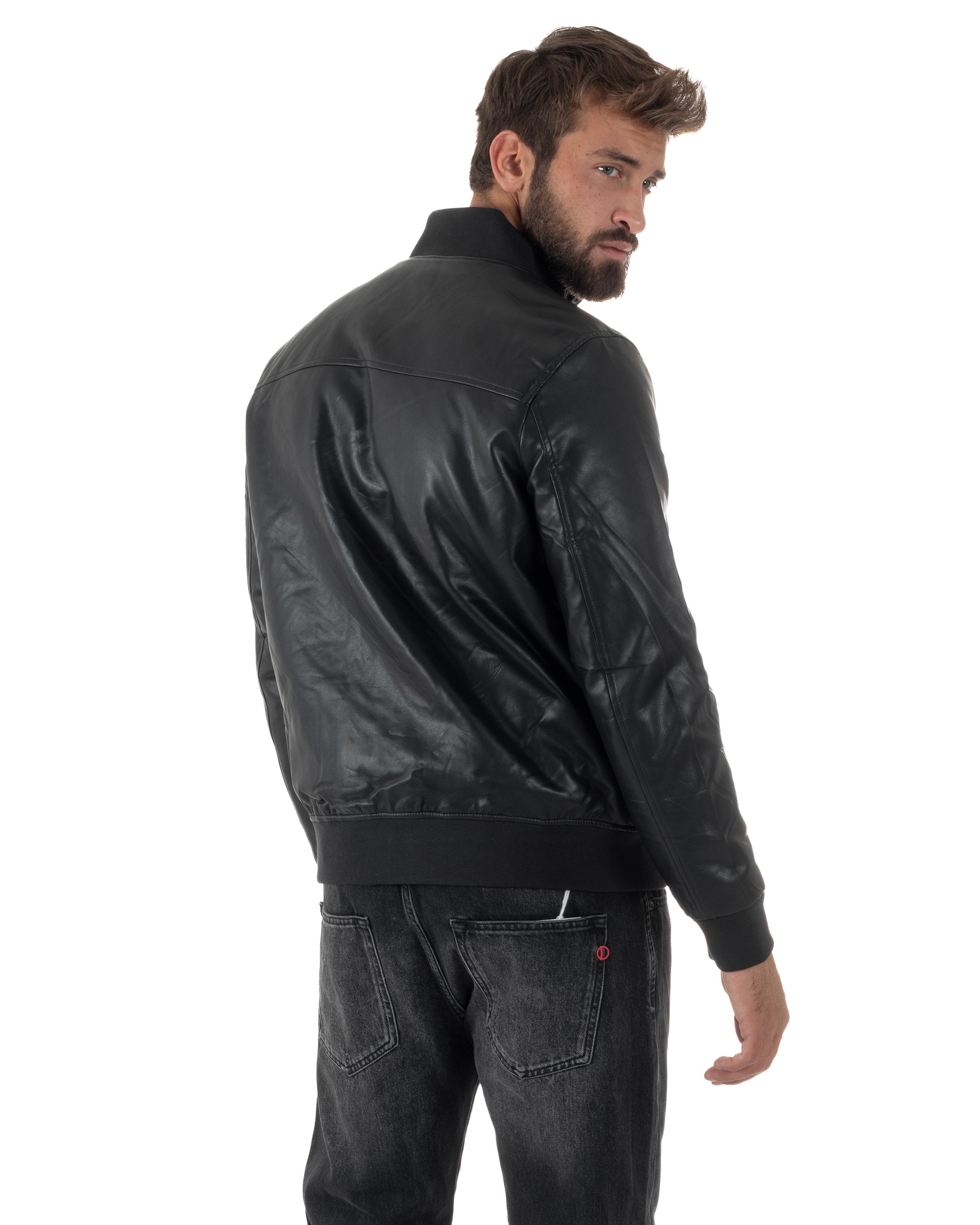 Giubbotto Uomo Bomber Ecopelle Bottoni Tinta Unita Nero G3375A