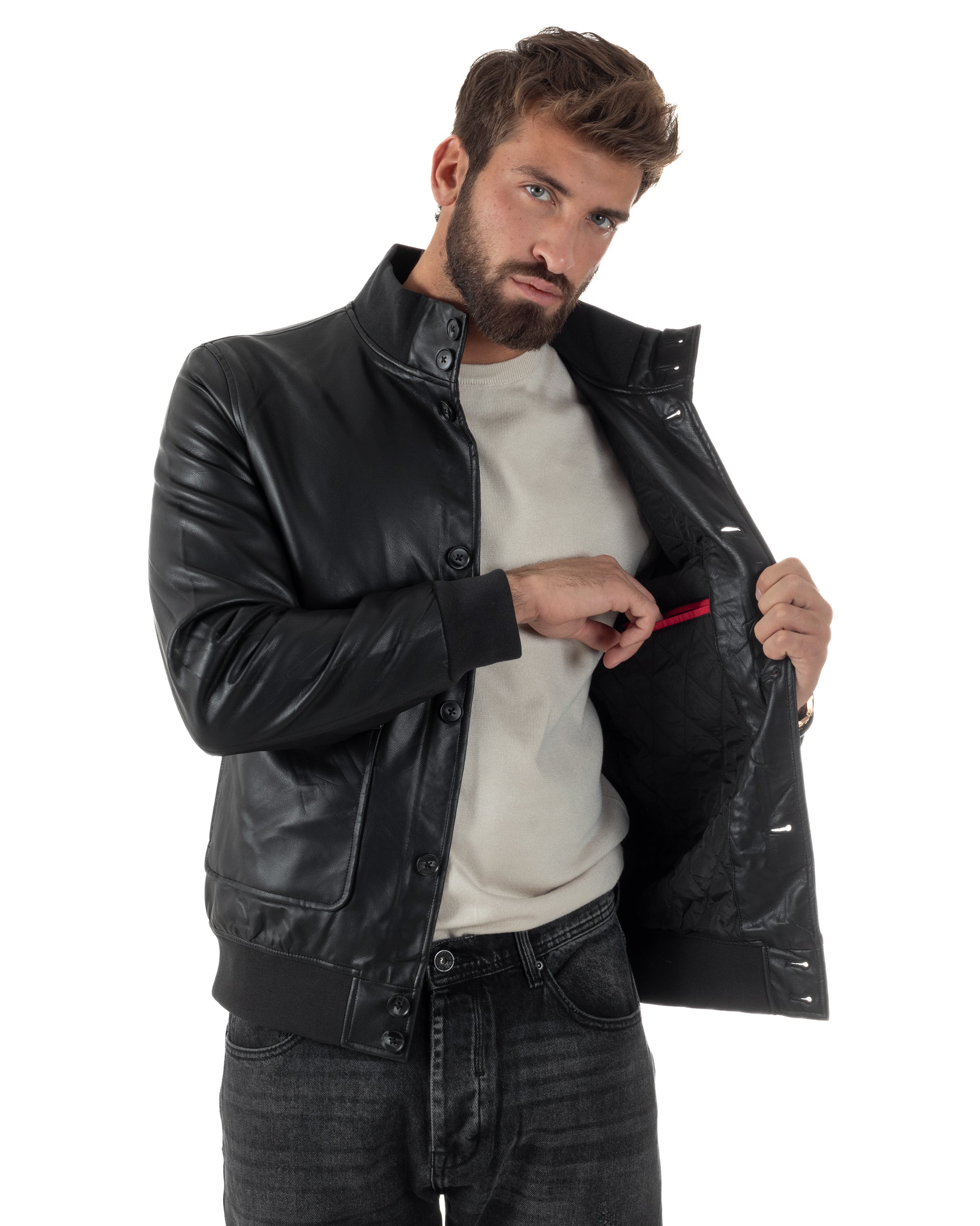 Giubbotto Uomo Bomber Ecopelle Bottoni Tinta Unita Nero G3375A