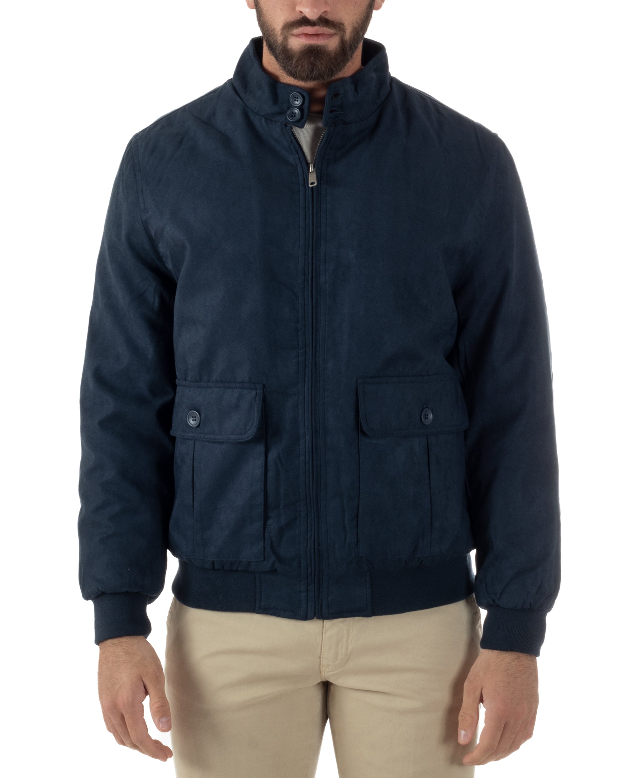 Giubbotto Uomo Bomber Camoscio Morbido Zip Tasconi Blu G3376A
