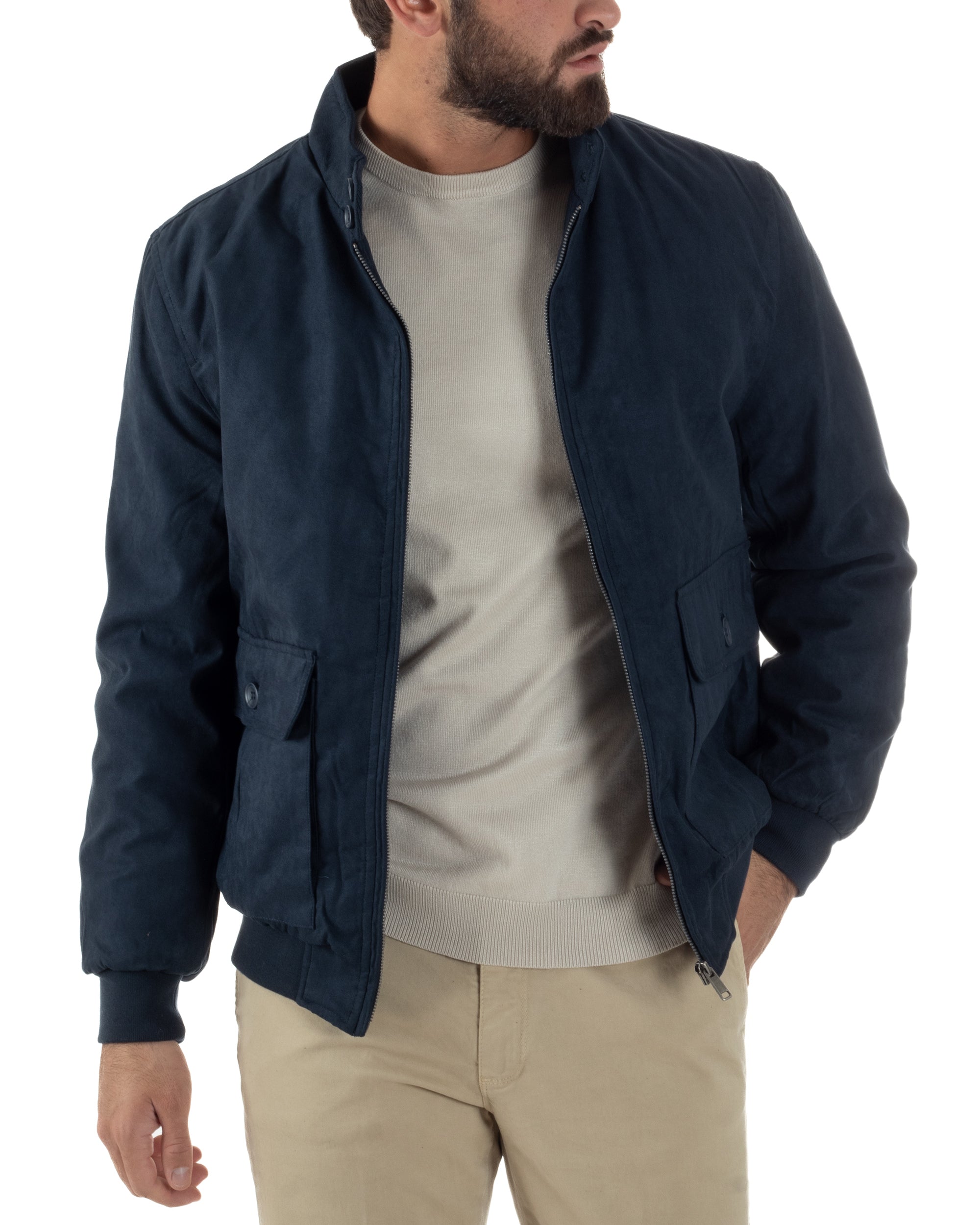 Giubbotto Uomo Bomber Camoscio Morbido Zip Tasconi Blu G3376A