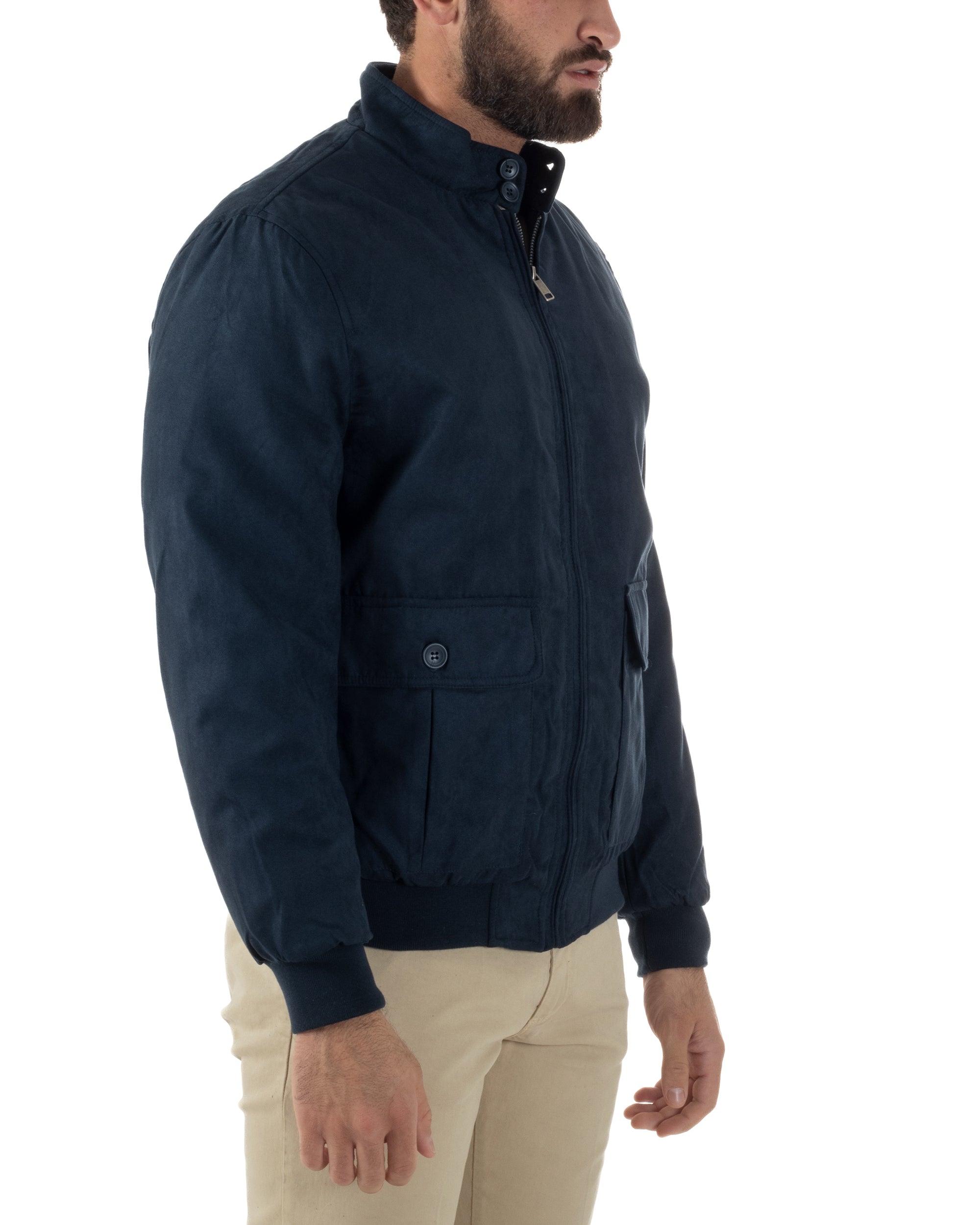 Giubbotto Uomo Bomber Camoscio Morbido Zip Tasconi Blu G3376A
