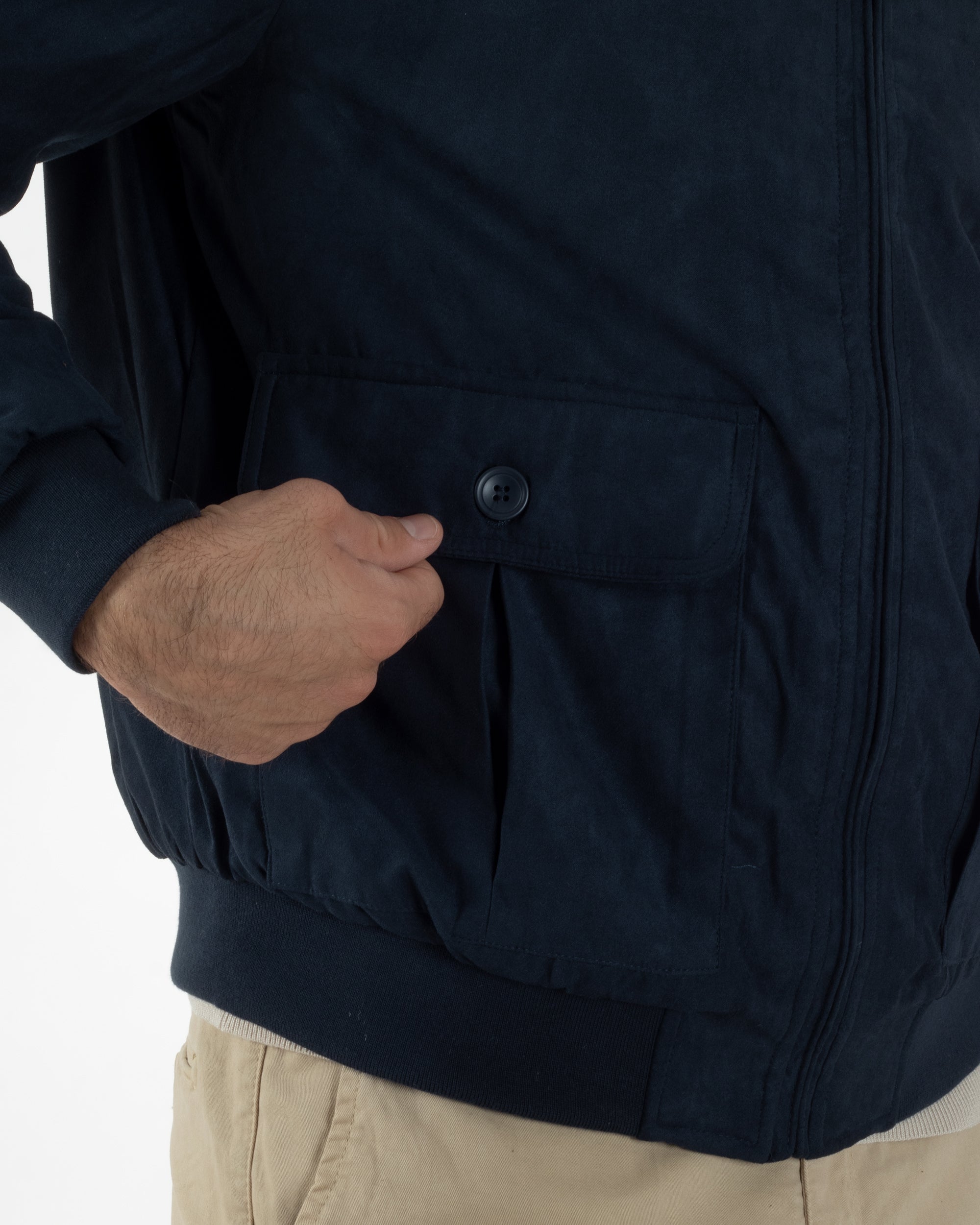 Giubbotto Uomo Bomber Camoscio Morbido Zip Tasconi Blu G3376A