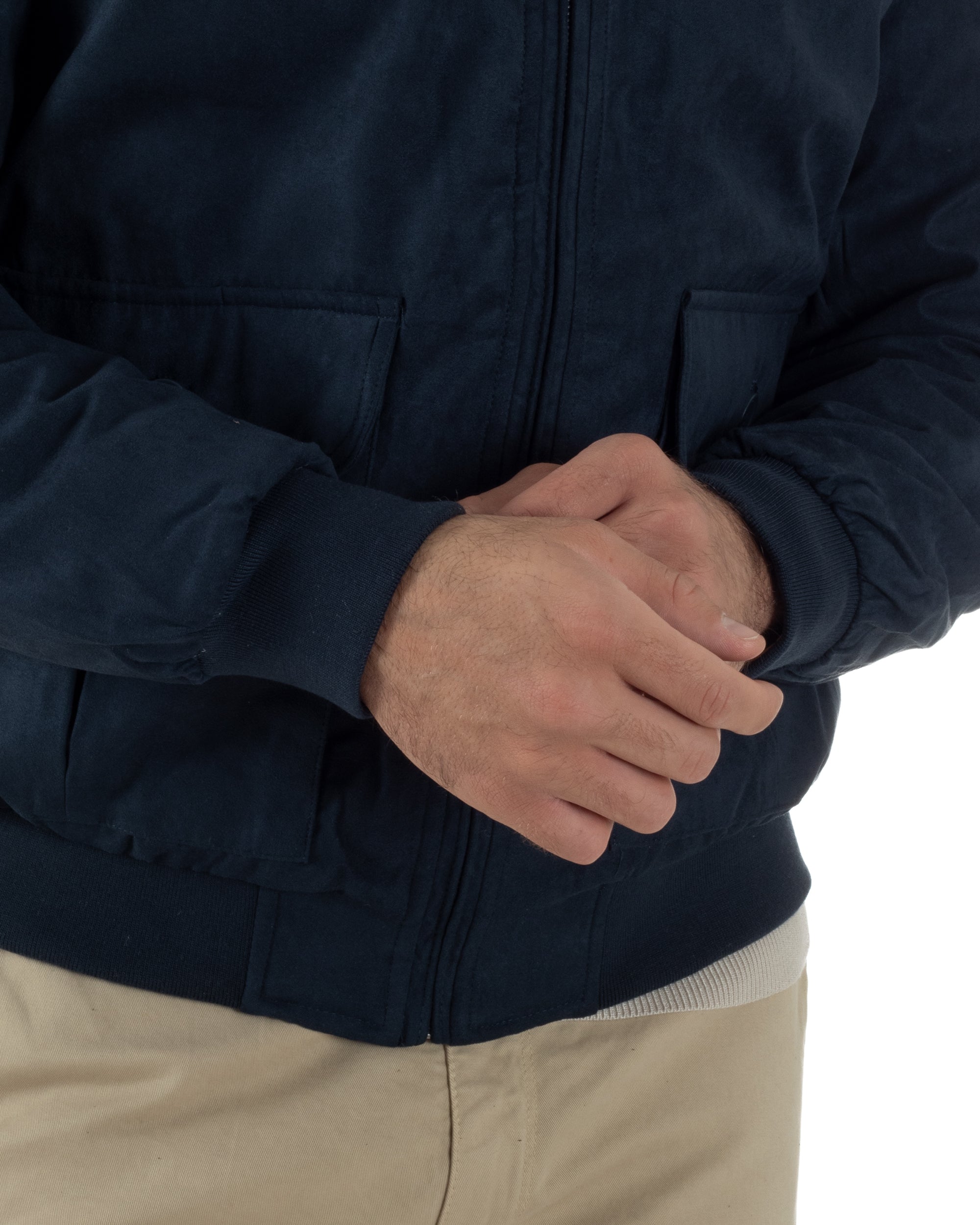 Giubbotto Uomo Bomber Camoscio Morbido Zip Tasconi Blu G3376A