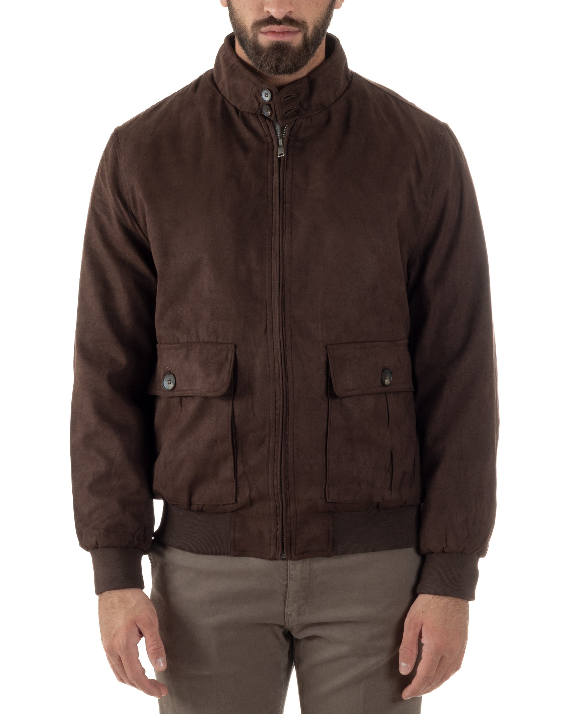 Giubbotto Uomo Bomber Camoscio Morbido Zip Tasconi Marrone G3377A