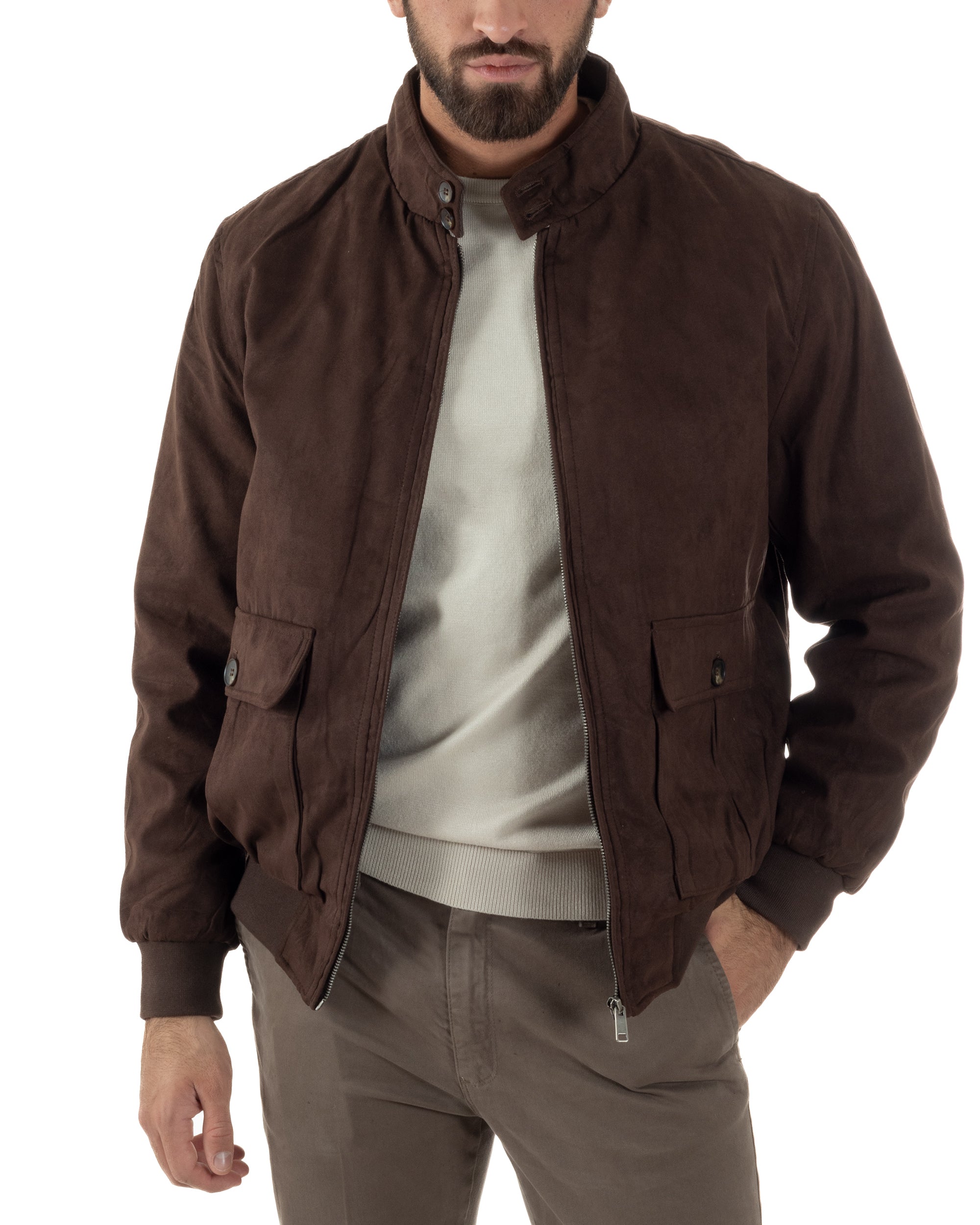 Giubbotto Uomo Bomber Camoscio Morbido Zip Tasconi Marrone G3377A