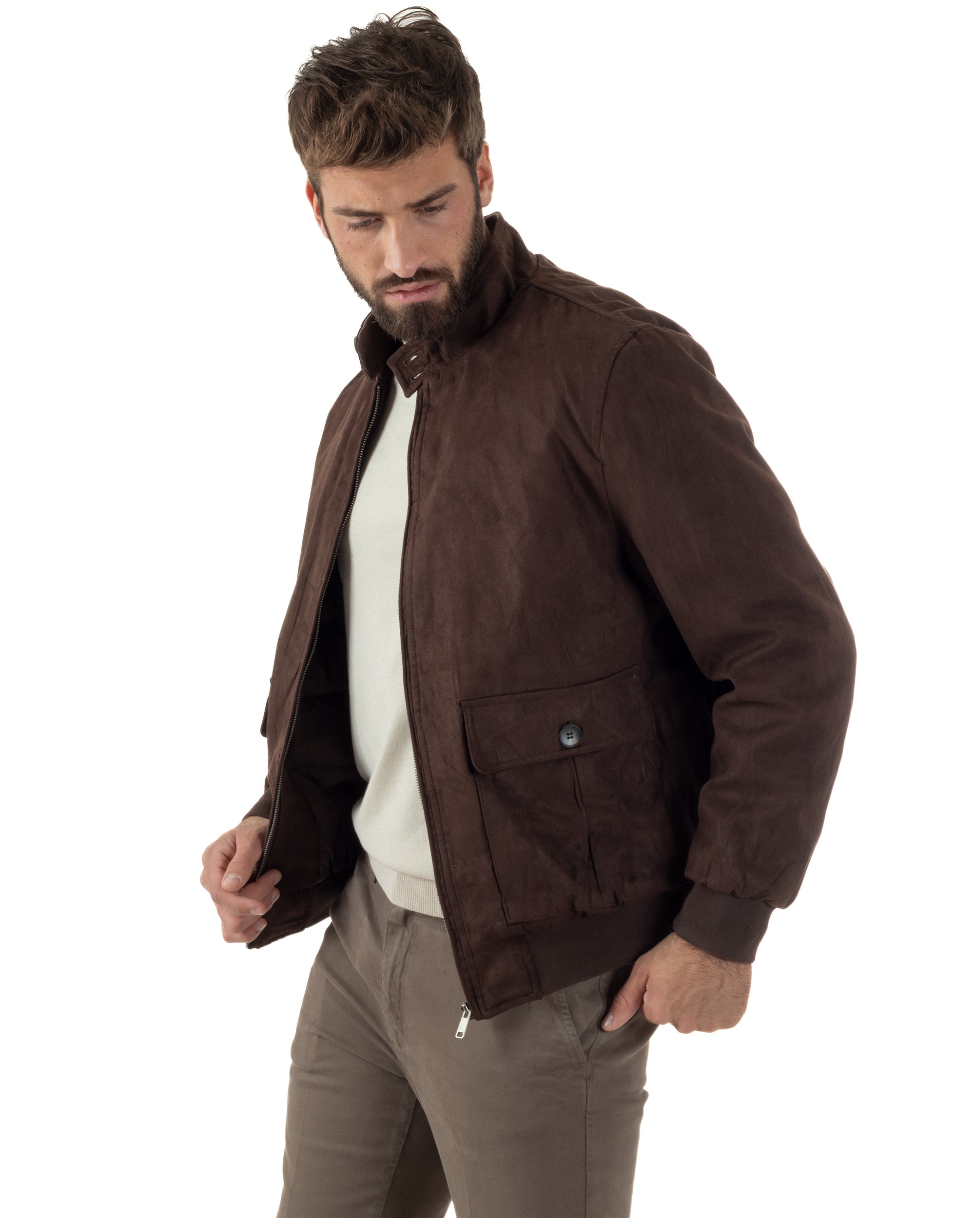 Giubbotto Uomo Bomber Camoscio Morbido Zip Tasconi Marrone G3377A