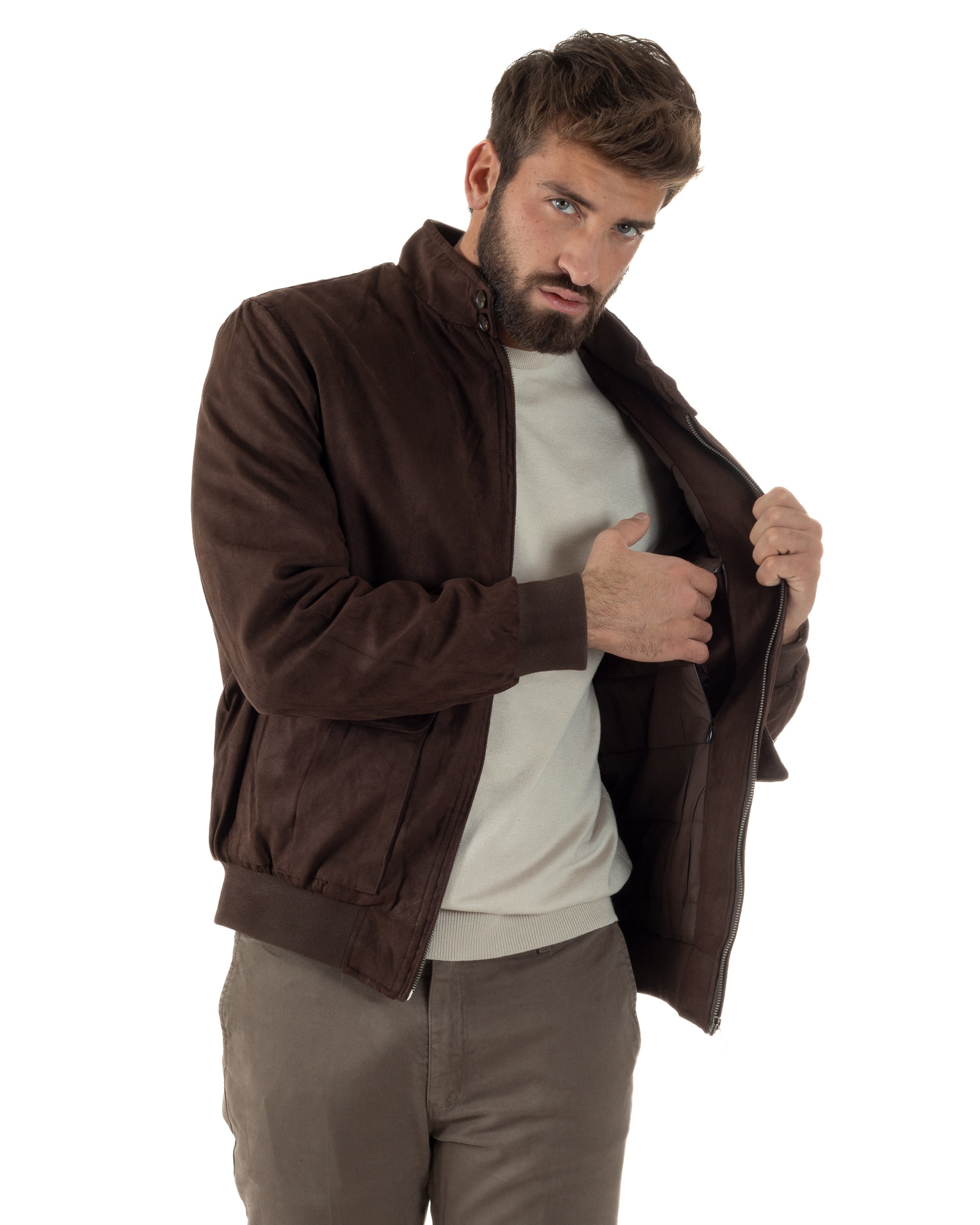 Giubbotto Uomo Bomber Camoscio Morbido Zip Tasconi Marrone G3377A