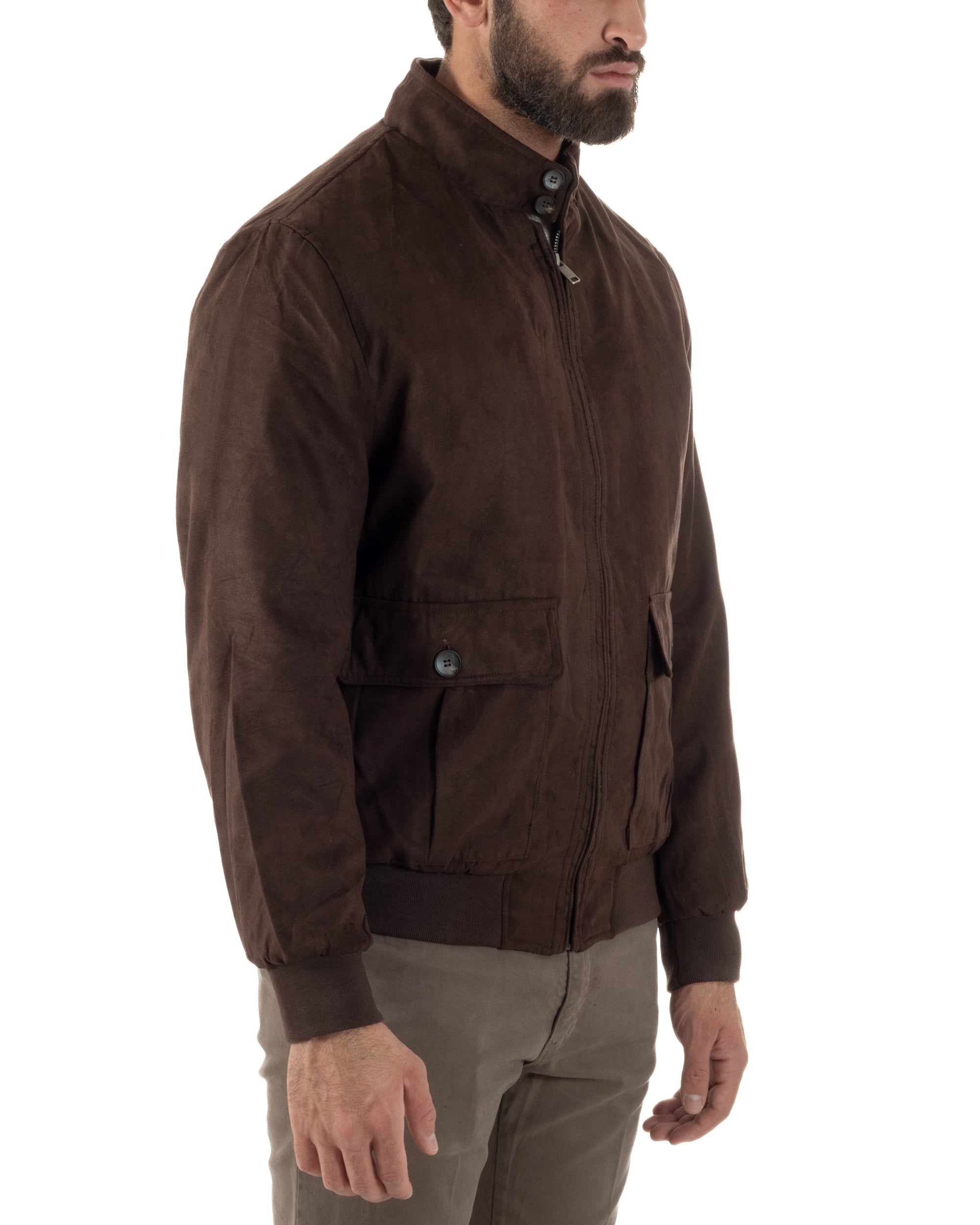 Giubbotto Uomo Bomber Camoscio Morbido Zip Tasconi Marrone G3377A