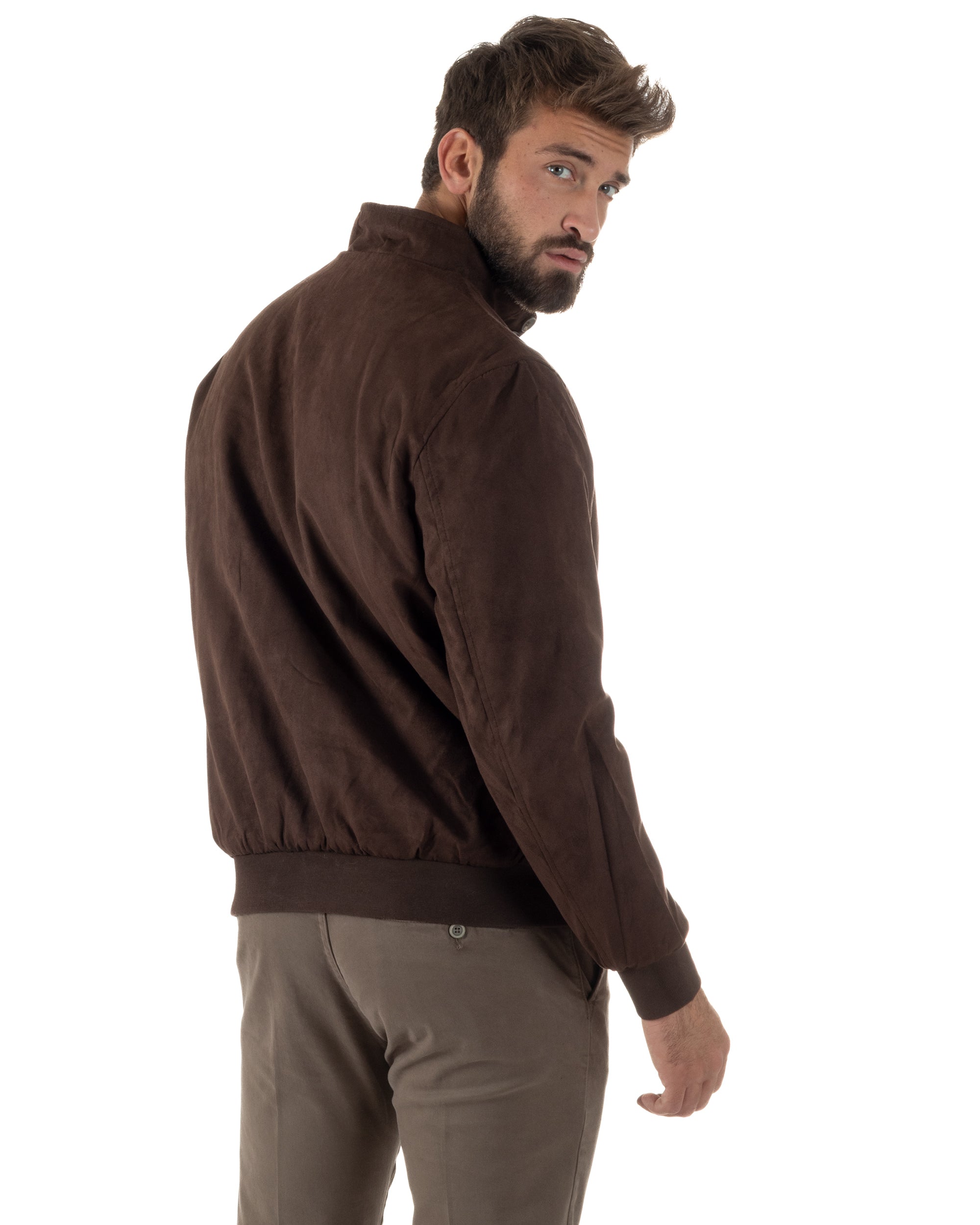 Giubbotto Uomo Bomber Camoscio Morbido Zip Tasconi Marrone G3377A