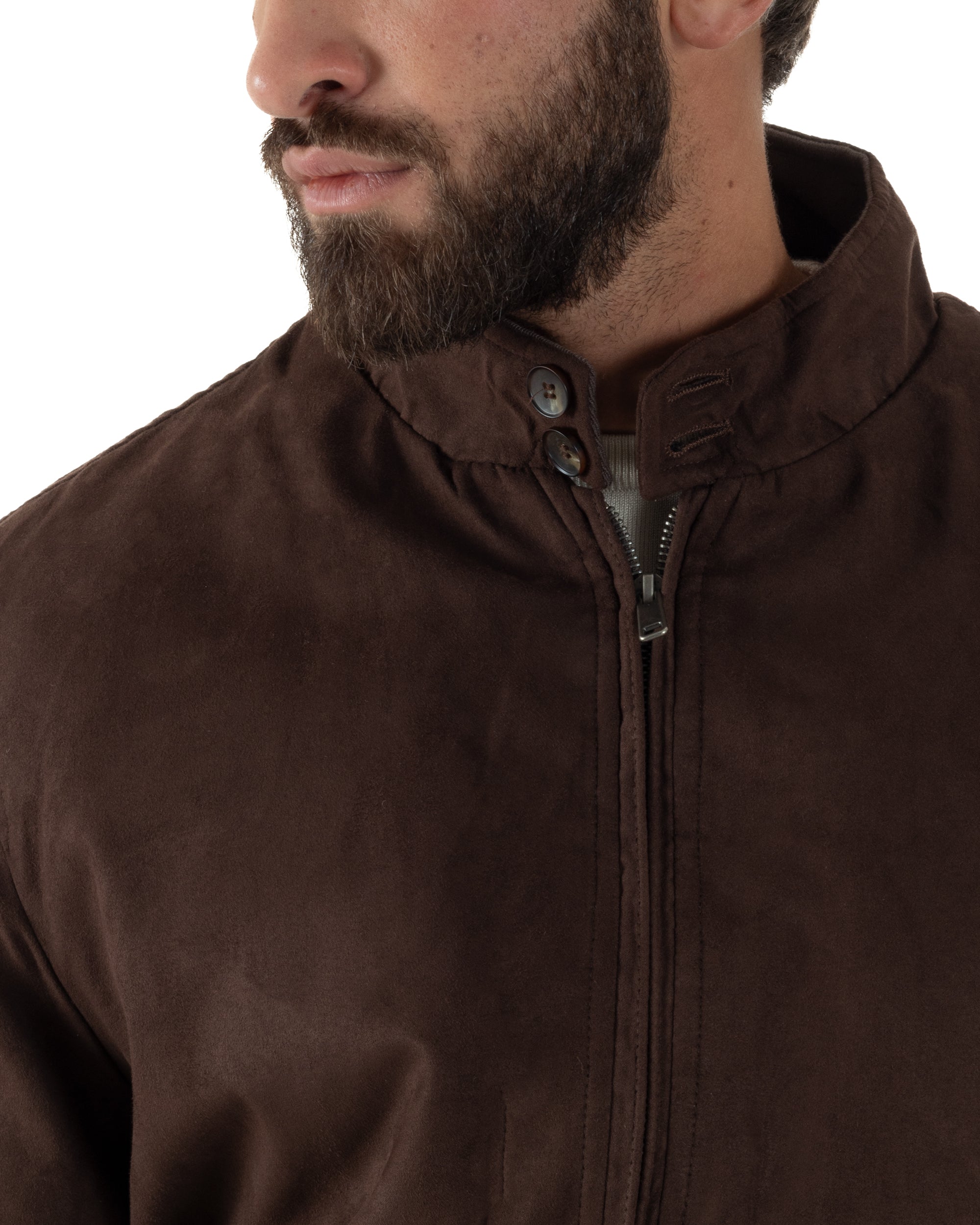 Giubbotto Uomo Bomber Camoscio Morbido Zip Tasconi Marrone G3377A