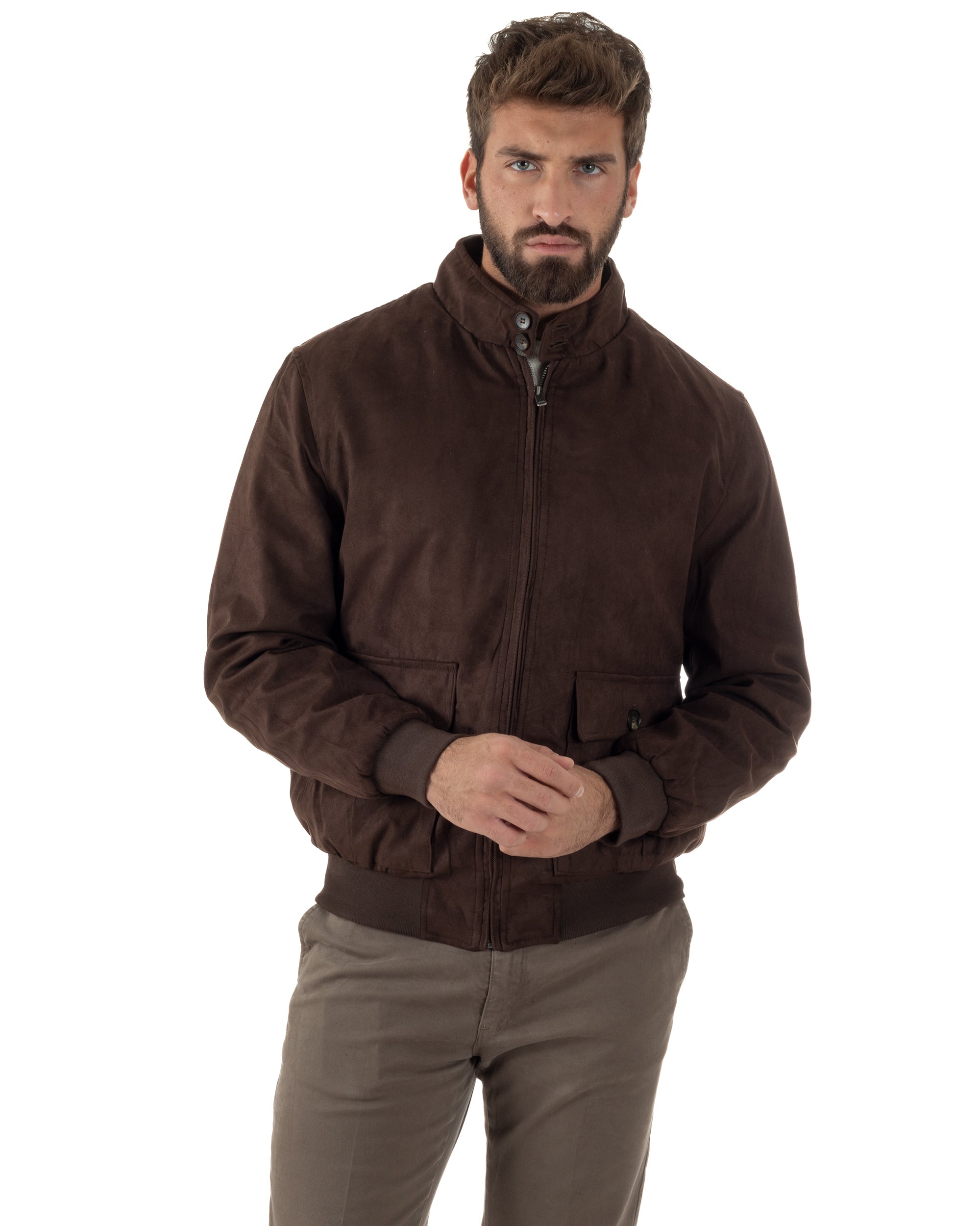 Giubbotto Uomo Bomber Camoscio Morbido Zip Tasconi Marrone G3377A