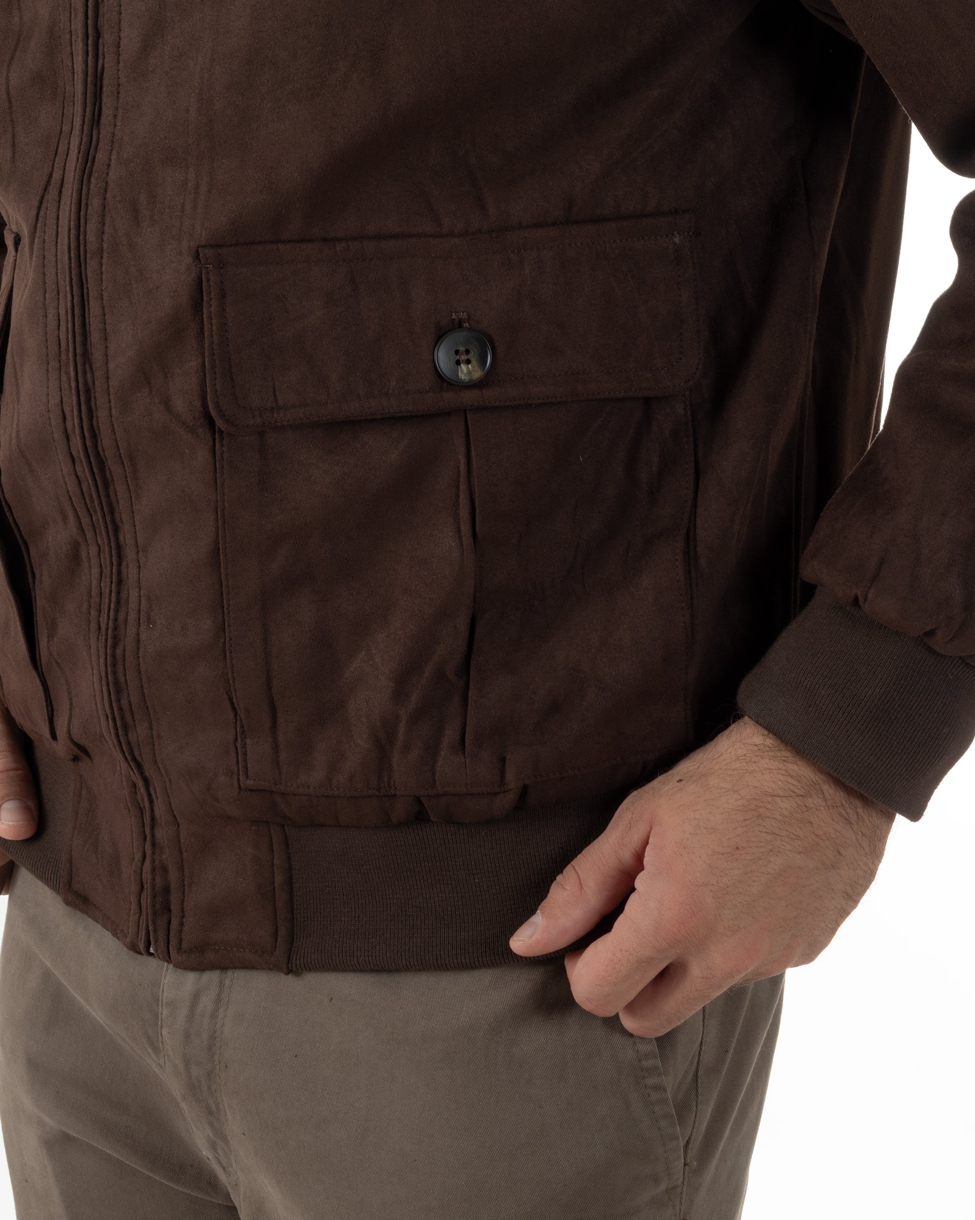 Giubbotto Uomo Bomber Camoscio Morbido Zip Tasconi Marrone G3377A